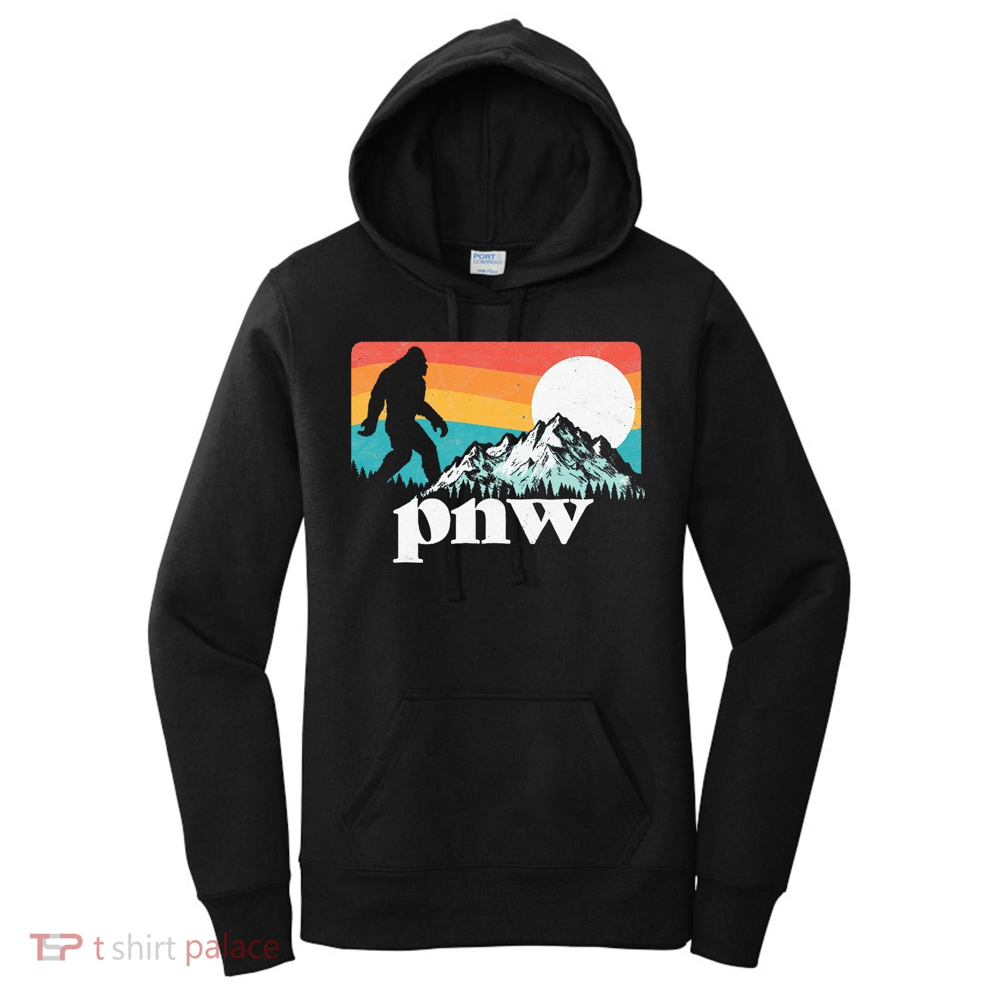 Pnw Pacific Northwest Bigfoot Mountains Retro 80s Graphic Women's Hoodie