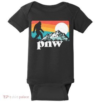 Pnw Pacific Northwest Bigfoot Mountains Retro 80s Graphic Baby Bodysuit