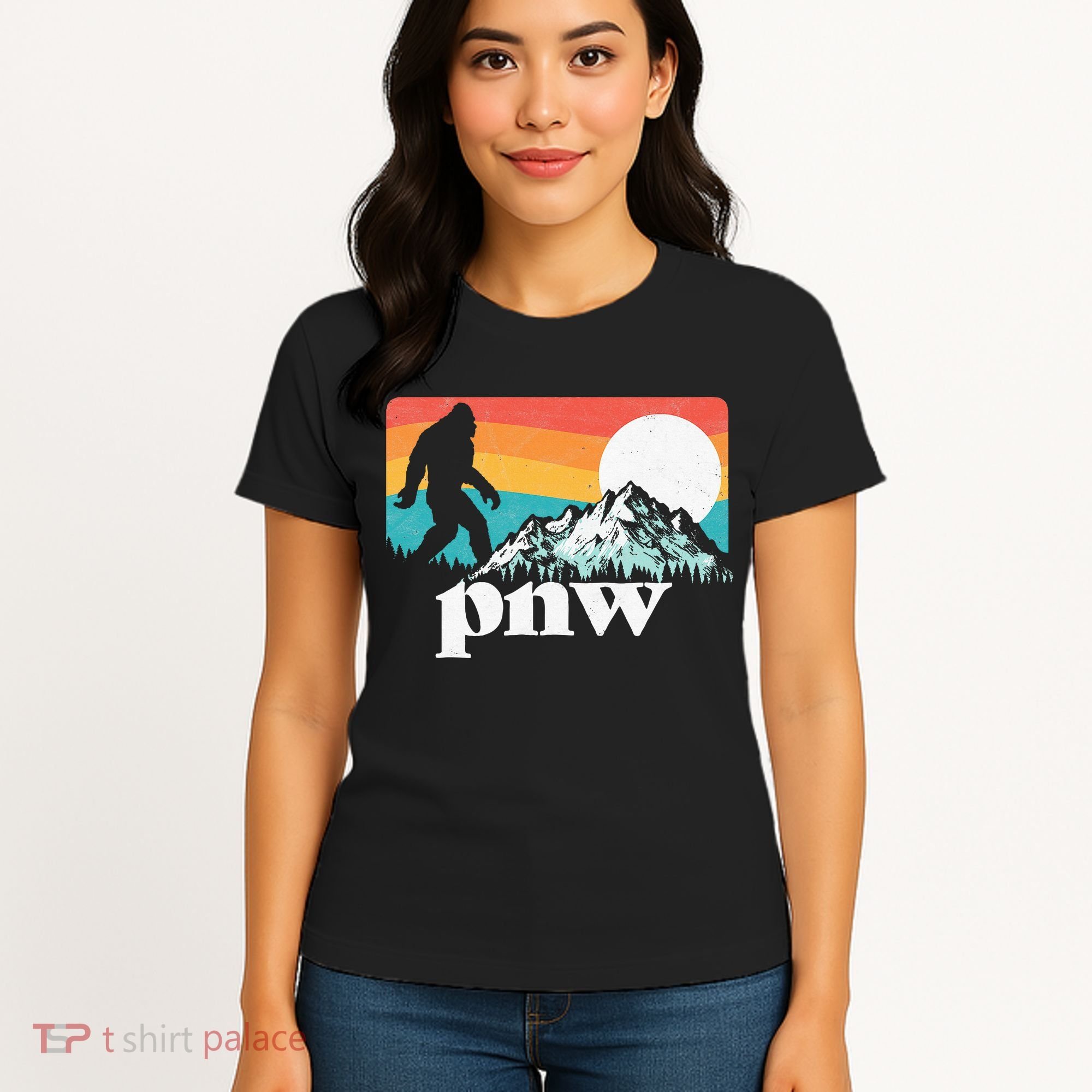 Pnw Pacific Northwest Bigfoot Mountains Retro 80s Graphic Women's T-Shirt