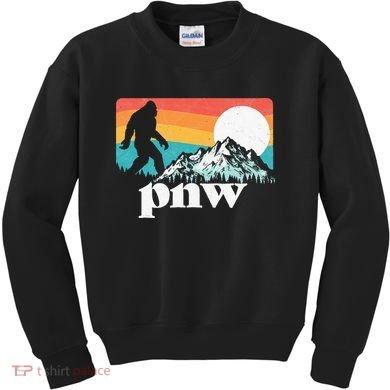 Pnw Pacific Northwest Bigfoot Mountains Retro 80s Graphic Kids Sweatshirt