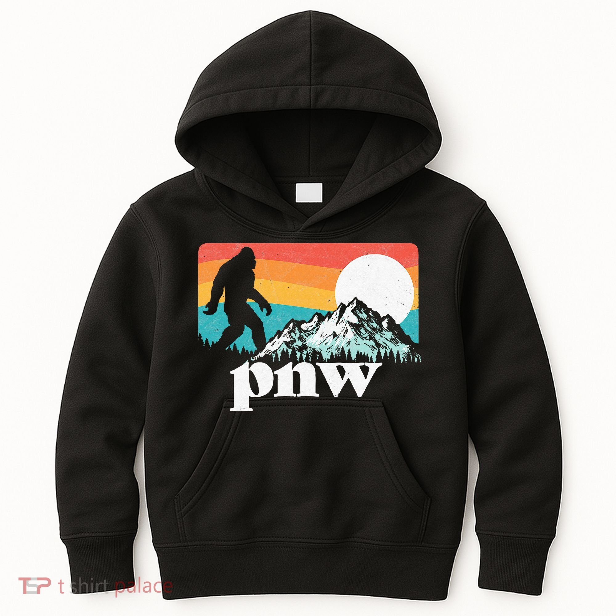 Pnw Pacific Northwest Bigfoot Mountains Retro 80s Graphic Kids Hoodie