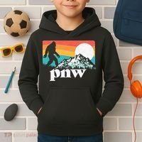 Pnw Pacific Northwest Bigfoot Mountains Retro 80s Graphic Kids Hoodie thumb 2