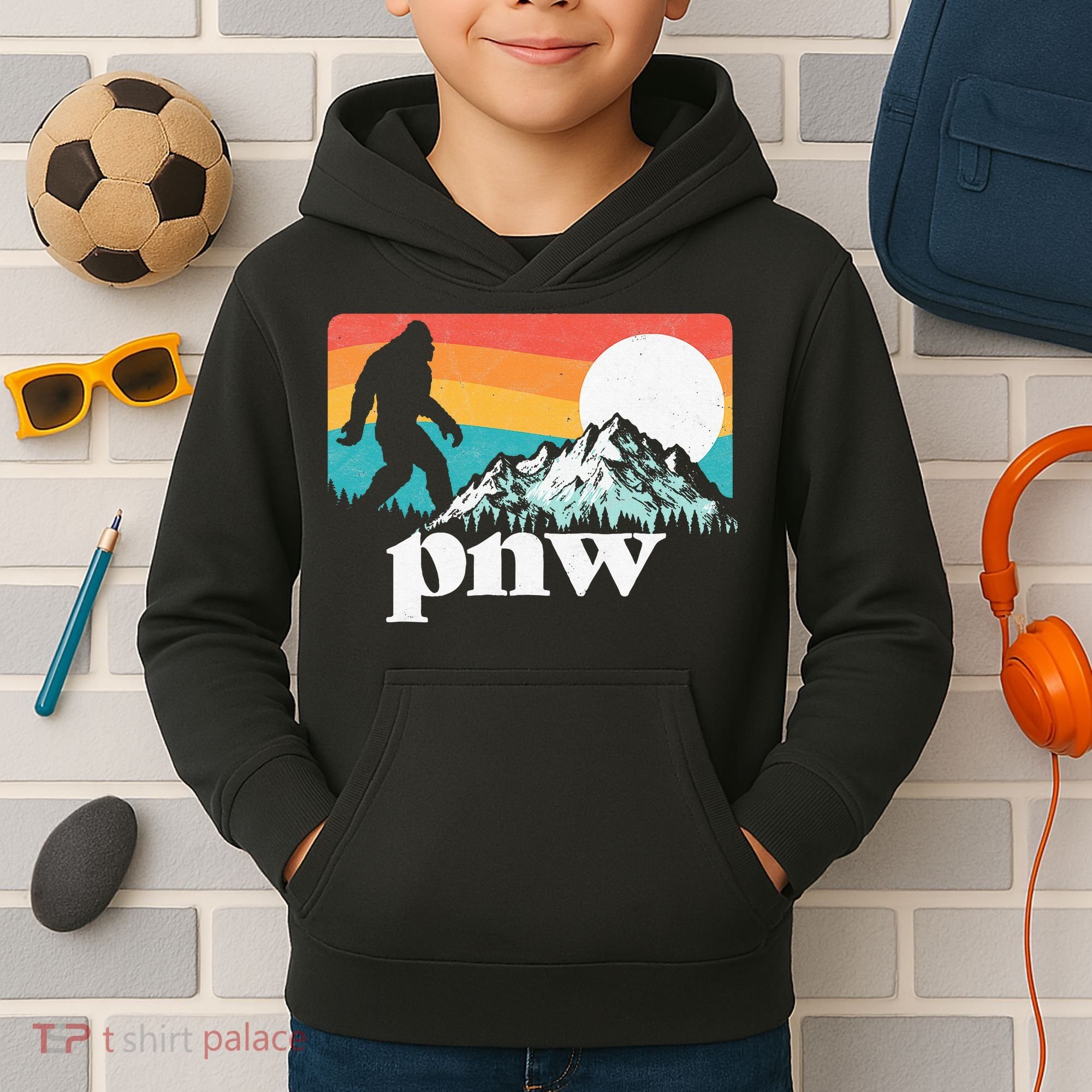 Pnw Pacific Northwest Bigfoot Mountains Retro 80s Graphic Kids Hoodie