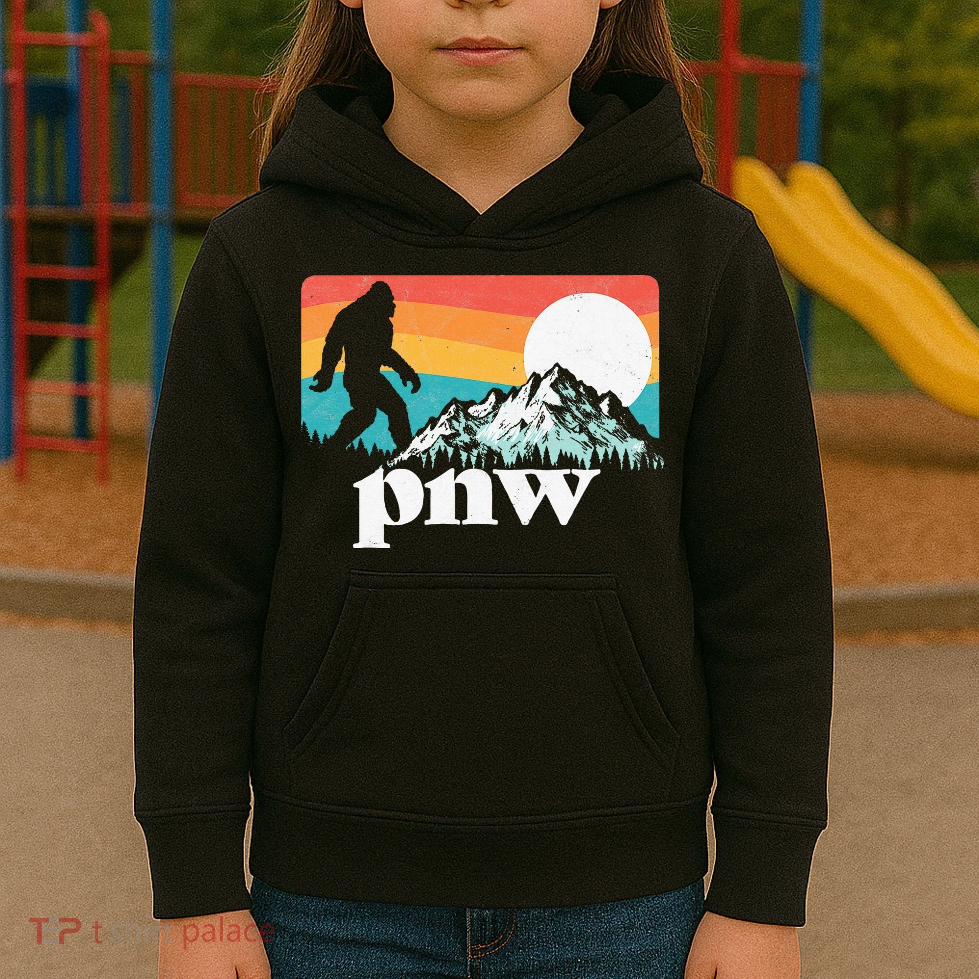 Pnw Pacific Northwest Bigfoot Mountains Retro 80s Graphic Kids Hoodie