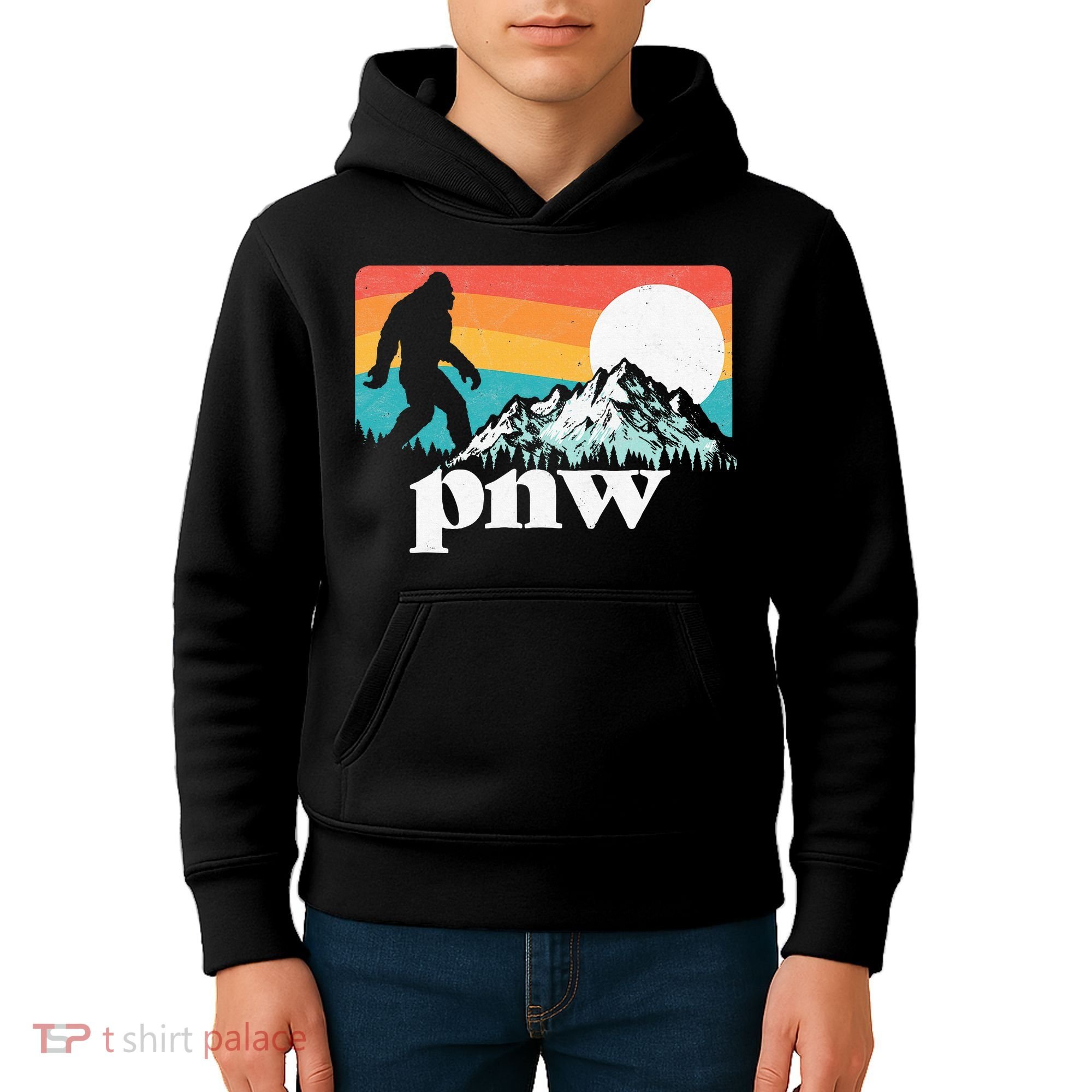 Pnw Pacific Northwest Bigfoot Mountains Retro 80s Graphic Kids Hoodie