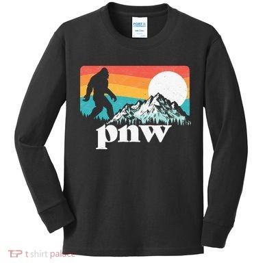 Pnw Pacific Northwest Bigfoot Mountains Retro 80s Graphic Kids Long Sleeve Shirt