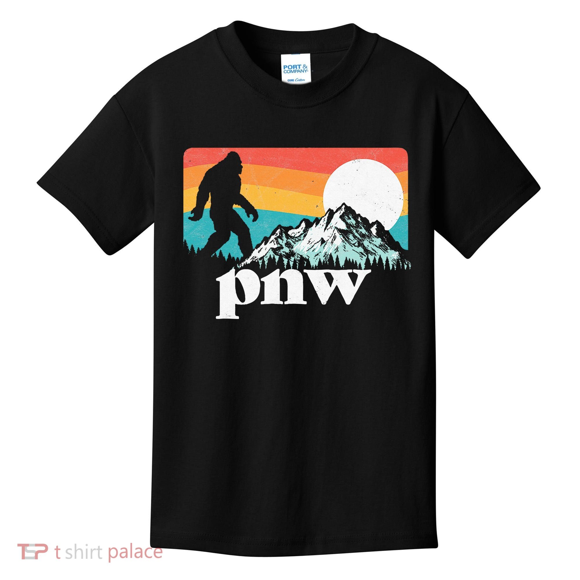 Pnw Pacific Northwest Bigfoot Mountains Retro 80s Graphic Kids T-Shirt