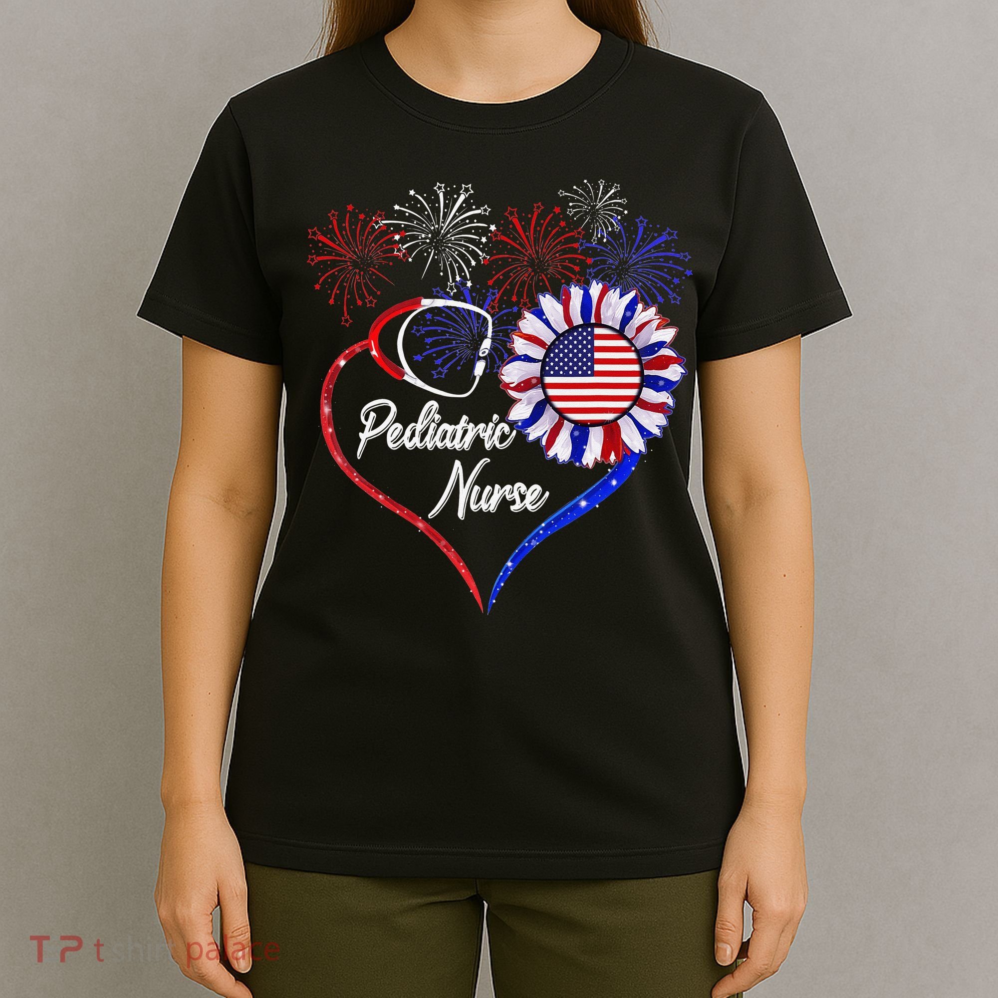 Patriotic Pediatric Nurse 4th Of July USA Flag Sunflower T-Shirt