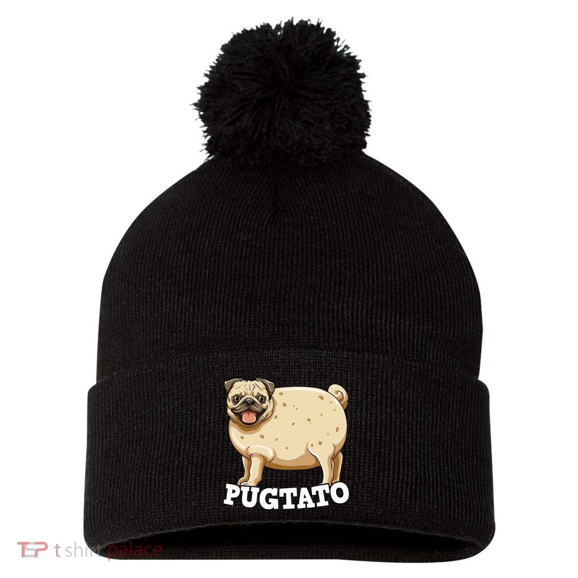 Pugtato Pug Potato Pug Lovers Pom Pom 12in Knit Beanie