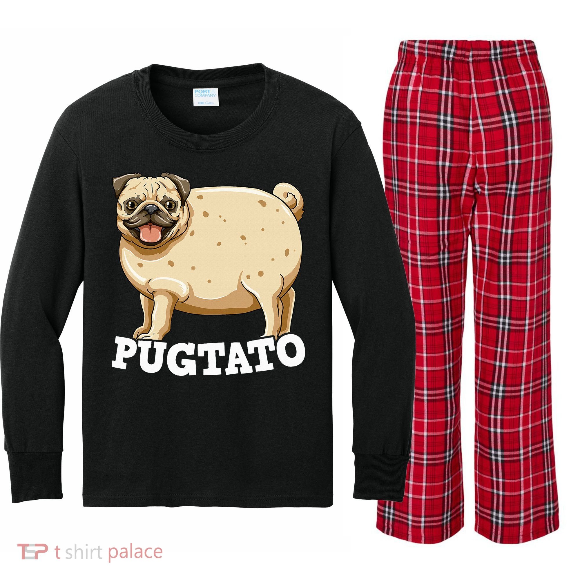Pugtato Pug Potato Pug Lovers Kids Long Sleeve Plaid Pajama Set