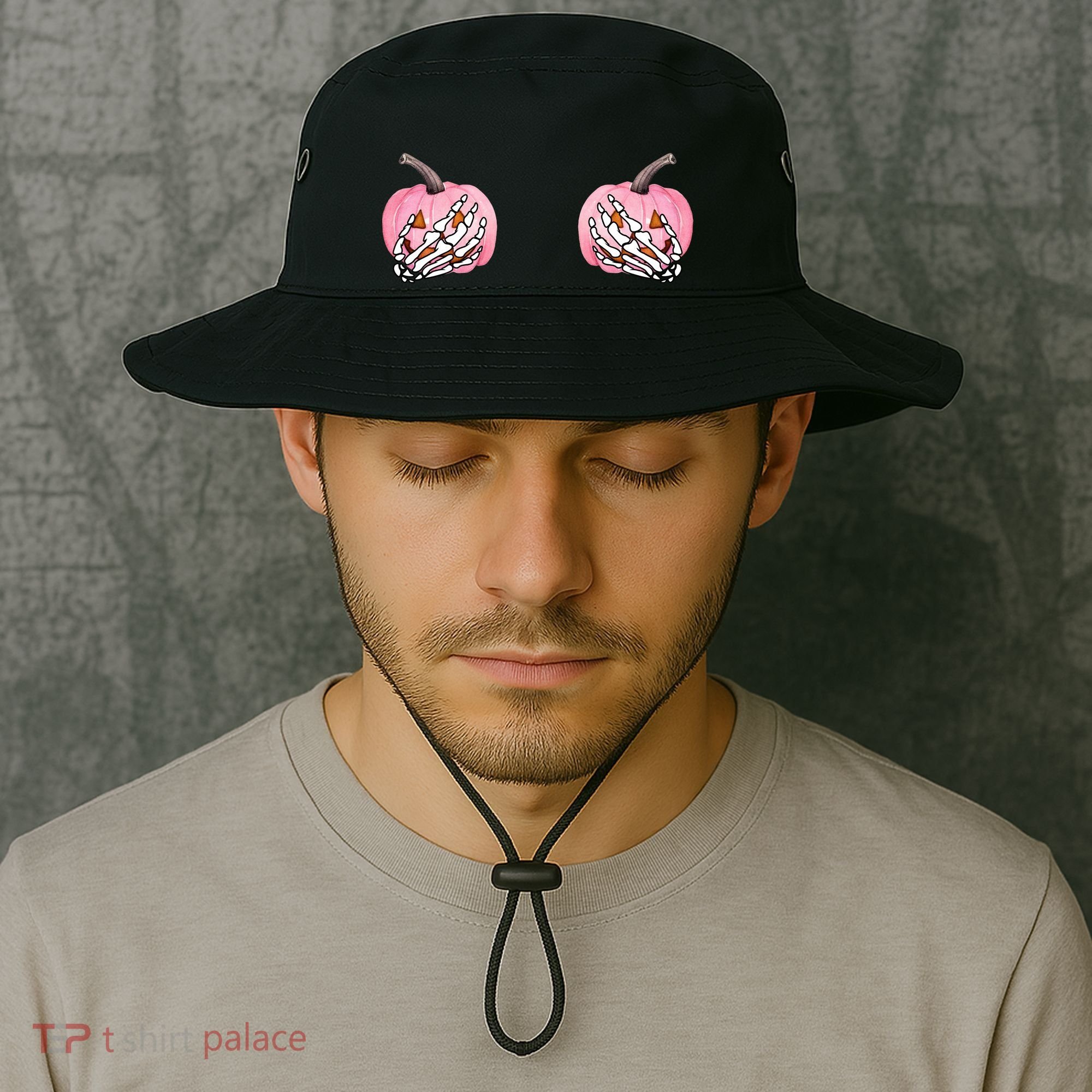 Pink Pumpkin Skeleton Breast Cancer Bucket Hat