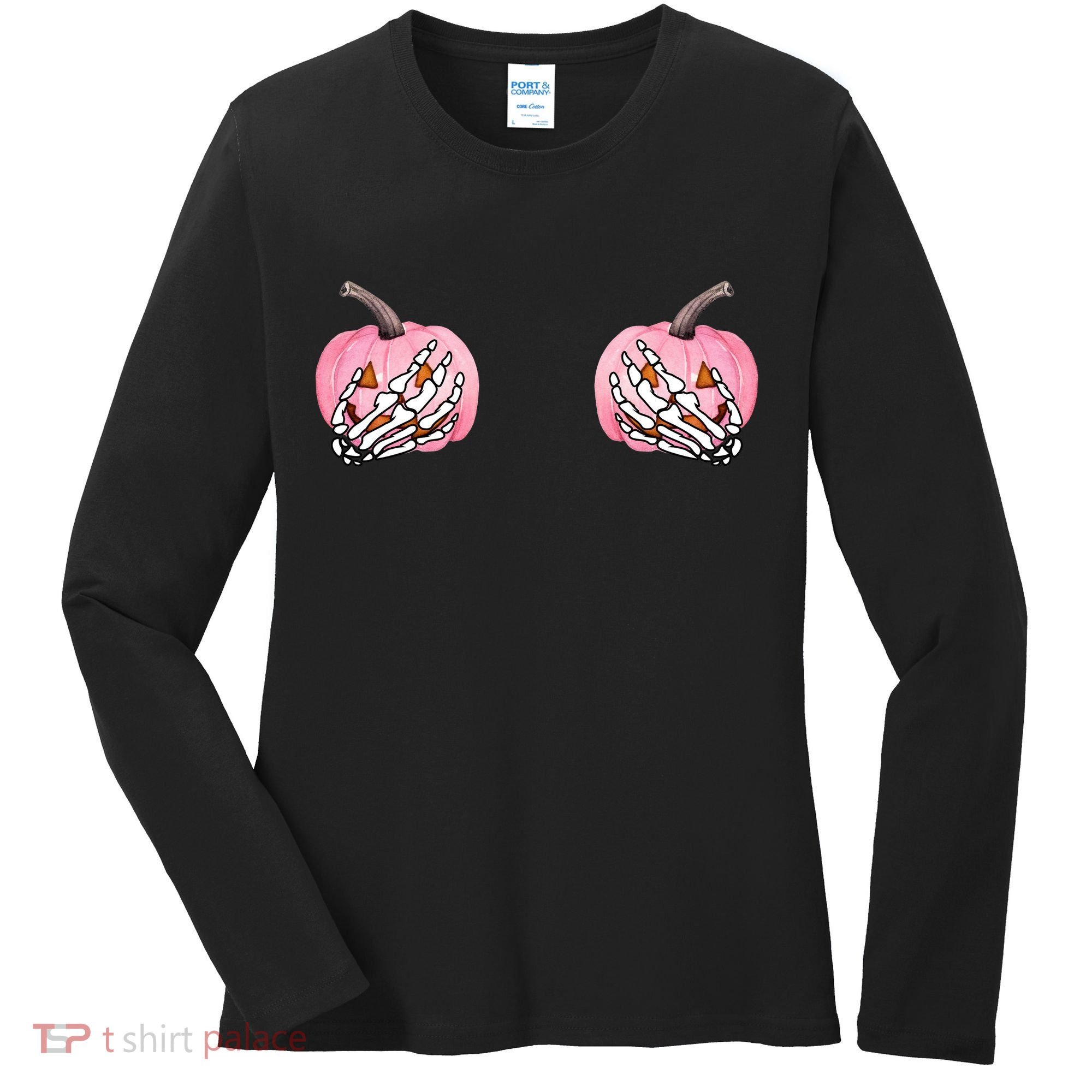 Pink Pumpkin Skeleton Breast Cancer Women's Long Sleeve Shirt