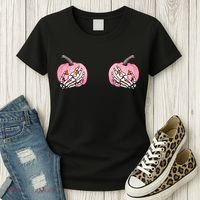 Pink Pumpkin Skeleton Breast Cancer Women's T-Shirt thumb 3