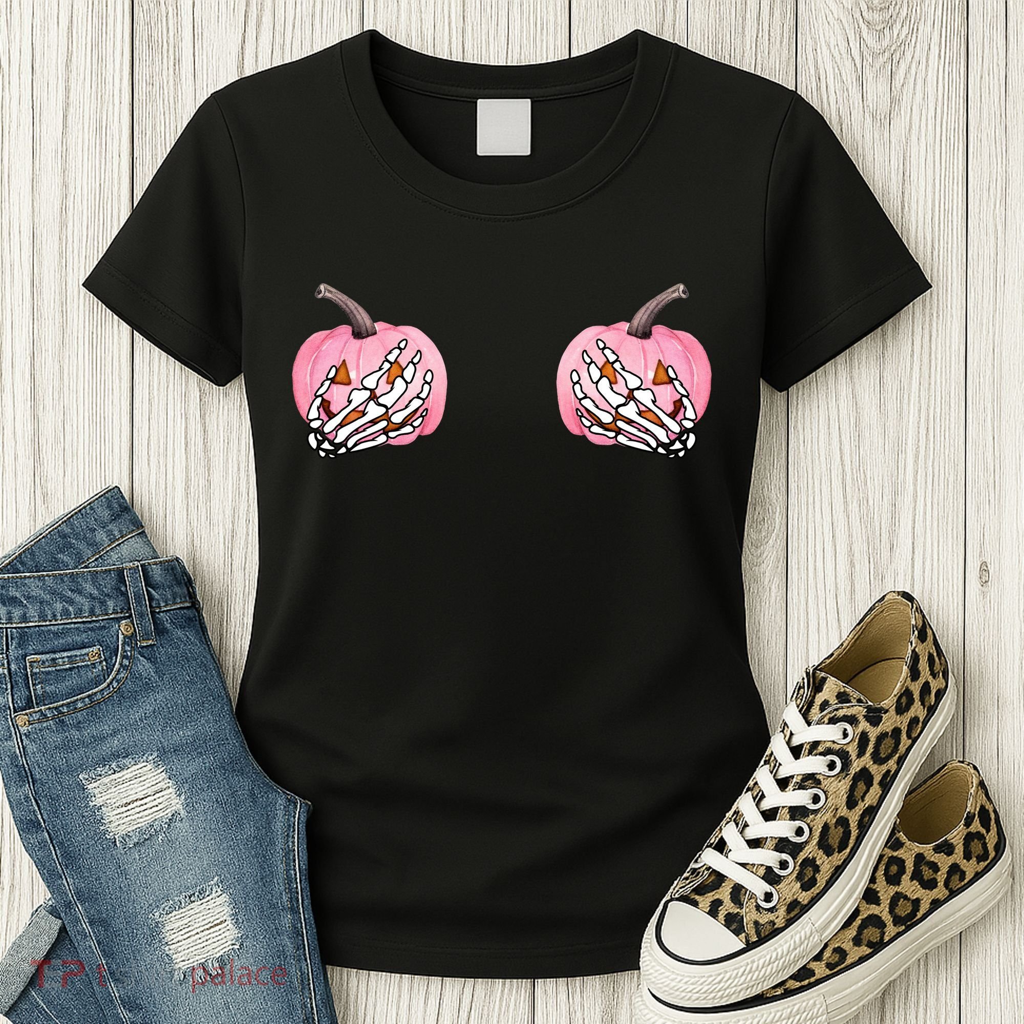 Pink Pumpkin Skeleton Breast Cancer Women's T-Shirt
