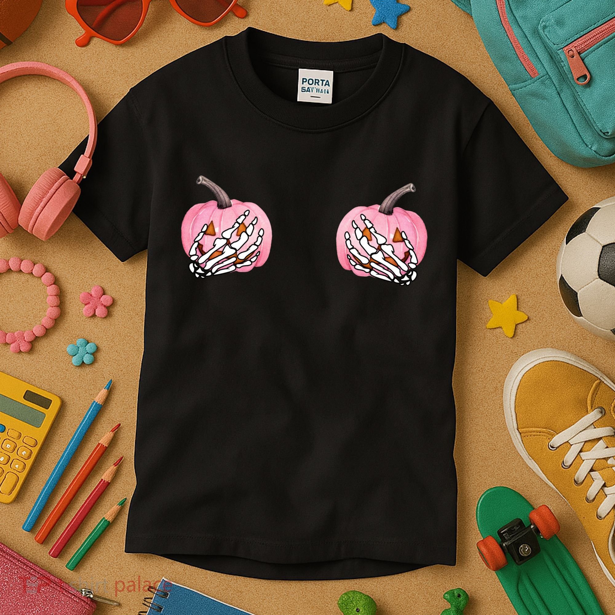 Pink Pumpkin Skeleton Breast Cancer Kids T-Shirt
