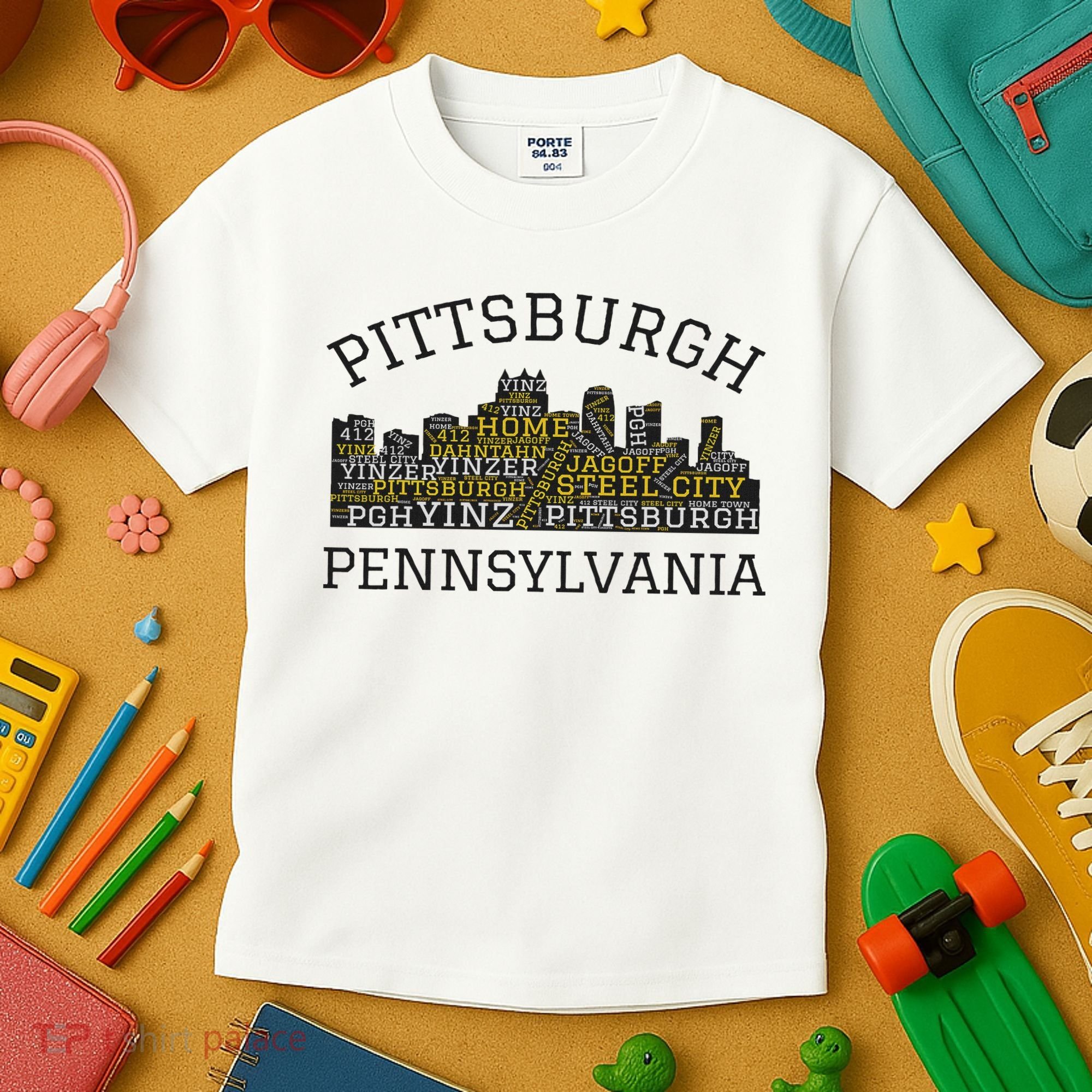 Pittsburgh Pennsylvania Sl City Skyline 412 Home Yinz Kids T-Shirt