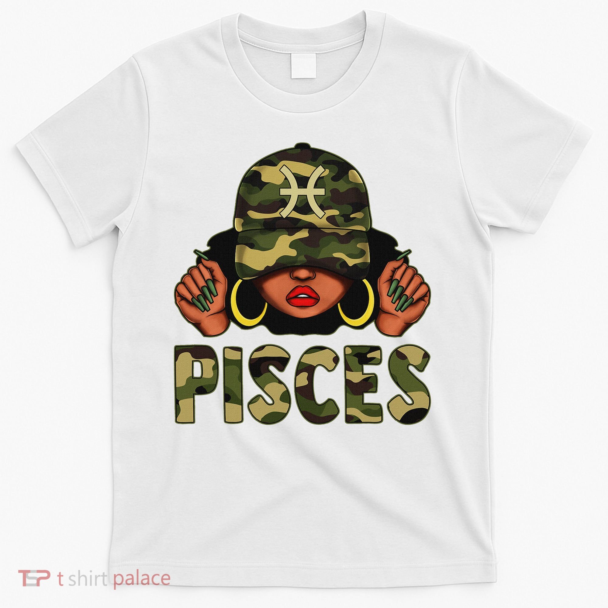 Pisces Queen Black Woman With Cap Camo Afro Girl Zodiac T-Shirt