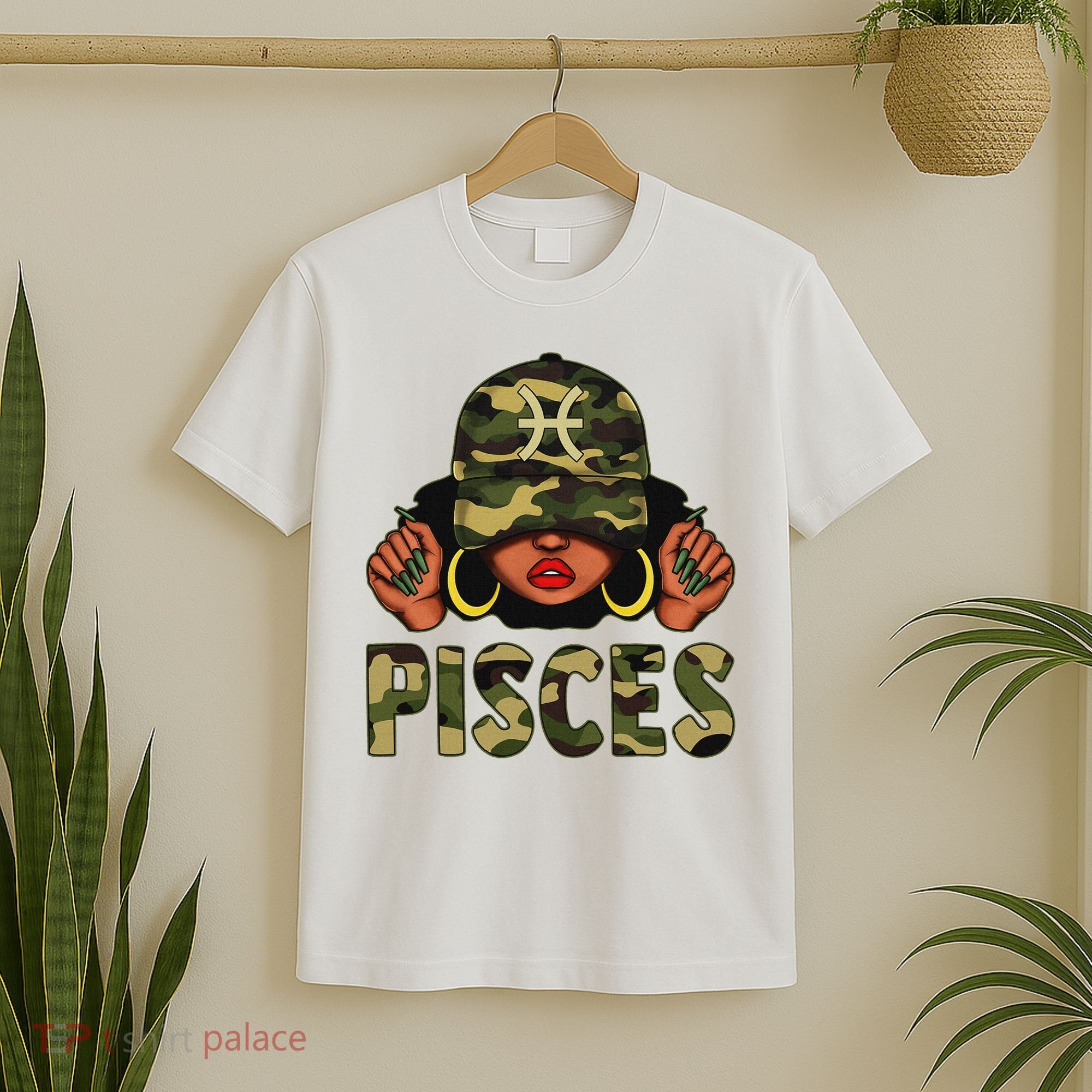 Pisces Queen Black Woman With Cap Camo Afro Girl Zodiac T-Shirt