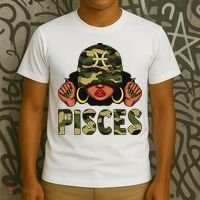 Pisces Queen Black Woman With Cap Camo Afro Girl Zodiac T-Shirt thumb 3