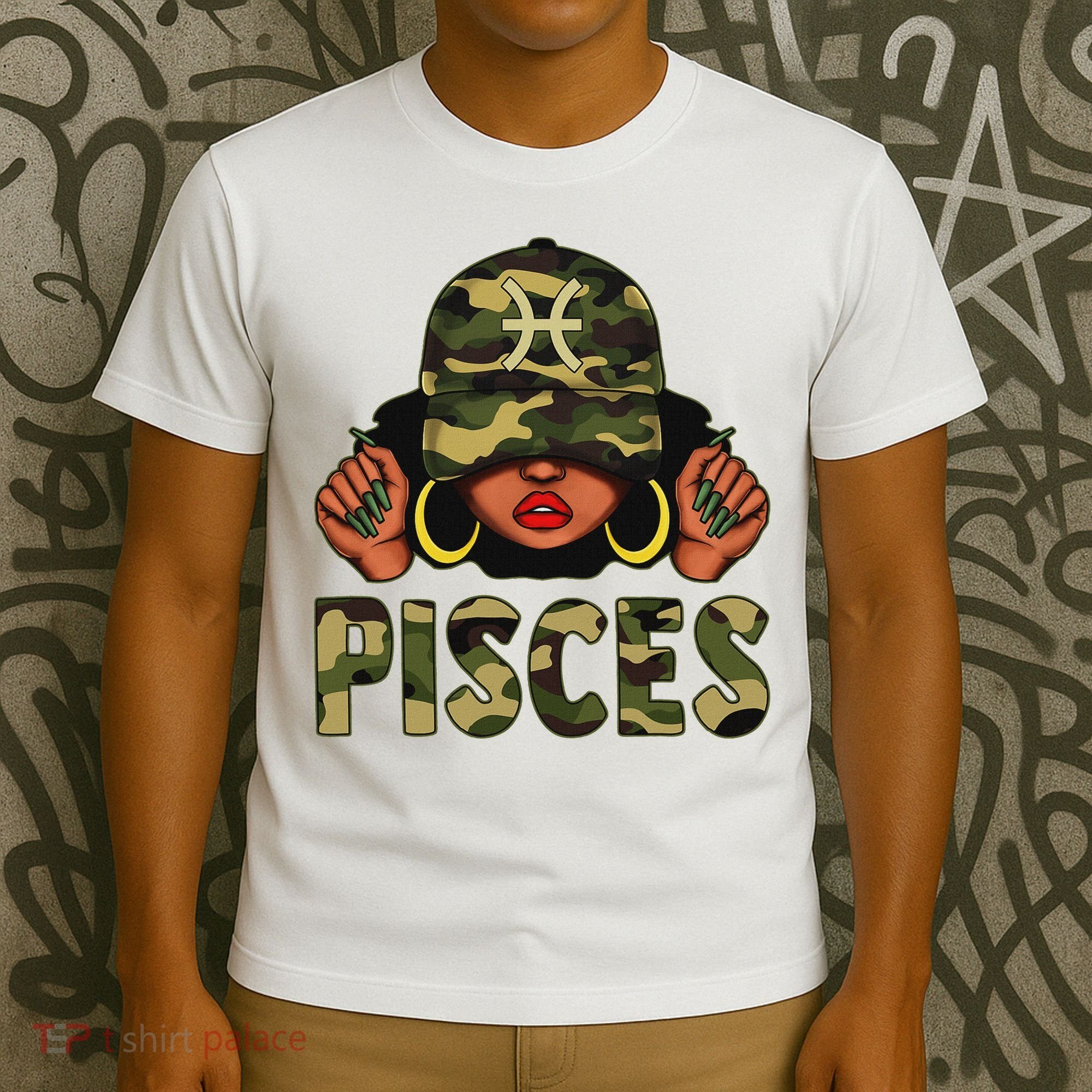 Pisces Queen Black Woman With Cap Camo Afro Girl Zodiac T-Shirt