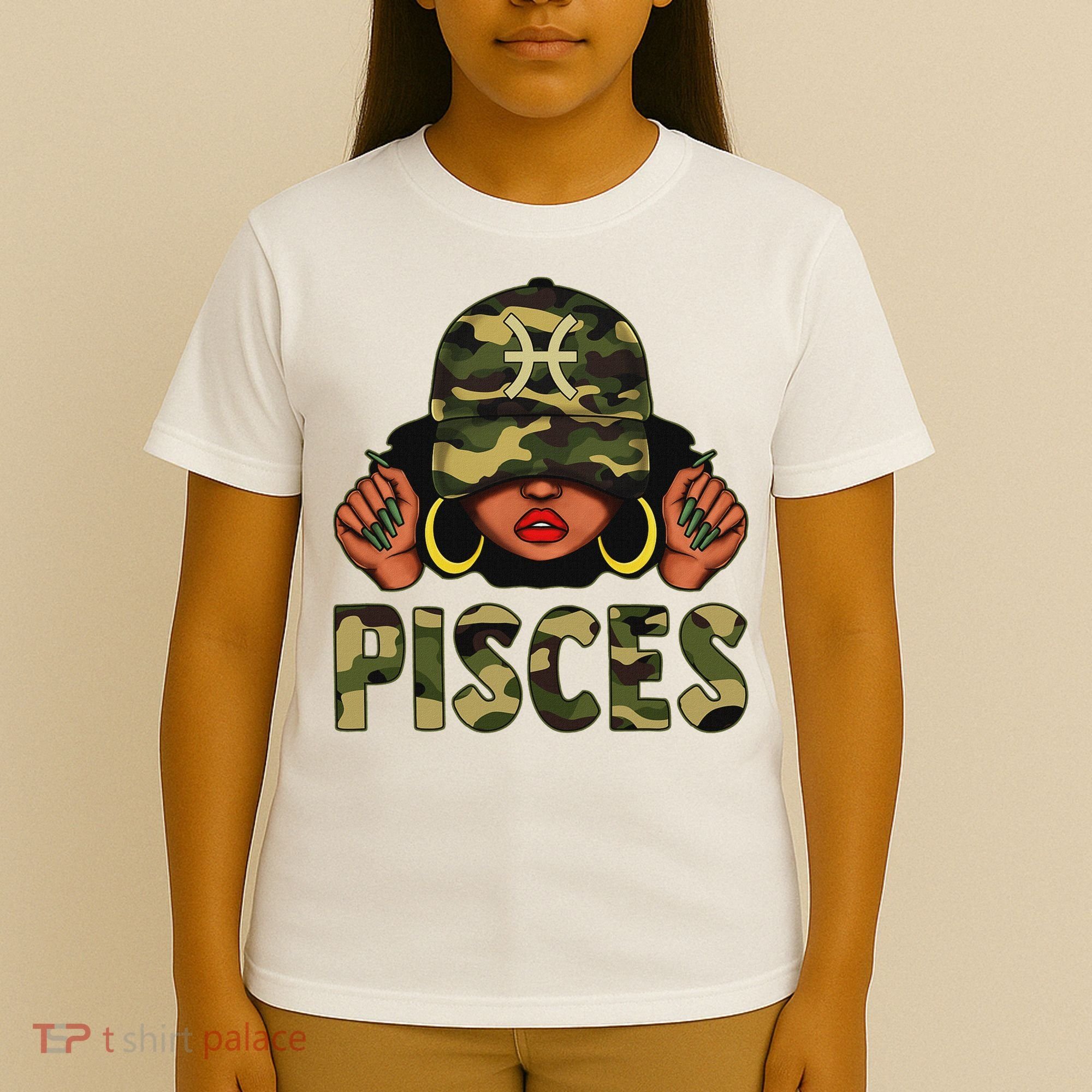 Pisces Queen Black Woman With Cap Camo Afro Girl Zodiac T-Shirt