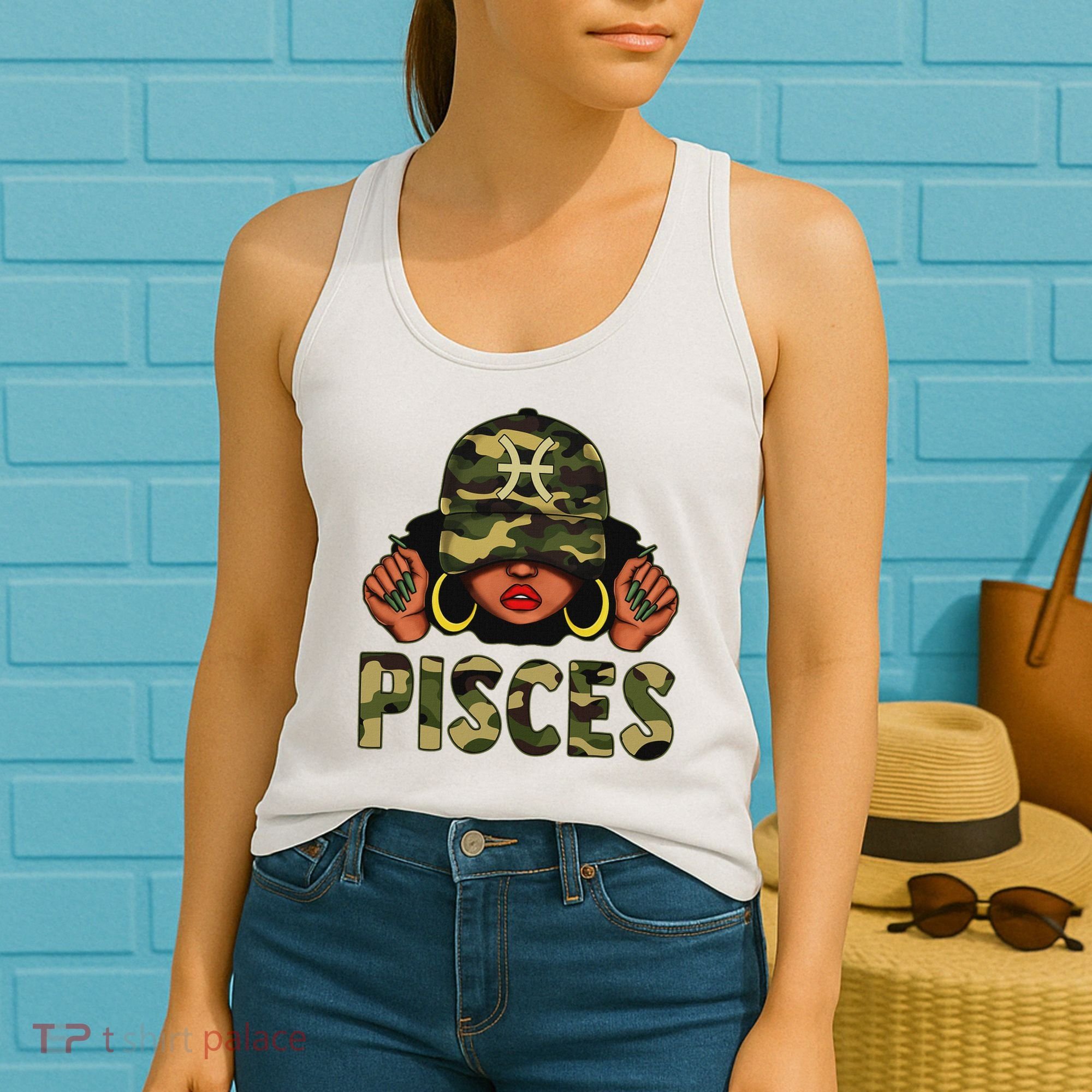 Pisces Queen Black Woman With Cap Camo Afro Girl Zodiac Women's Tank Top