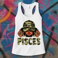 Pisces Queen Black Woman With Cap Camo Afro Girl Zodiac Women's Tank Top thumb 3