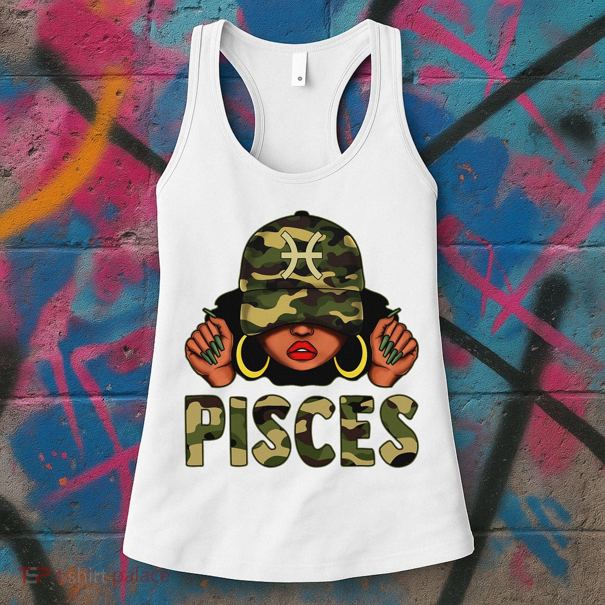 Pisces Queen Black Woman With Cap Camo Afro Girl Zodiac Women's Tank Top