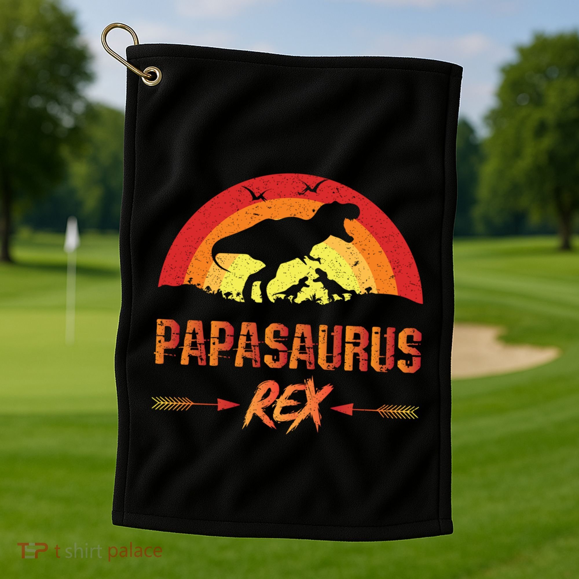 Papasaurus Rex 2 Sunset For Fathers Day Daddysaurus Gift Golf Towel