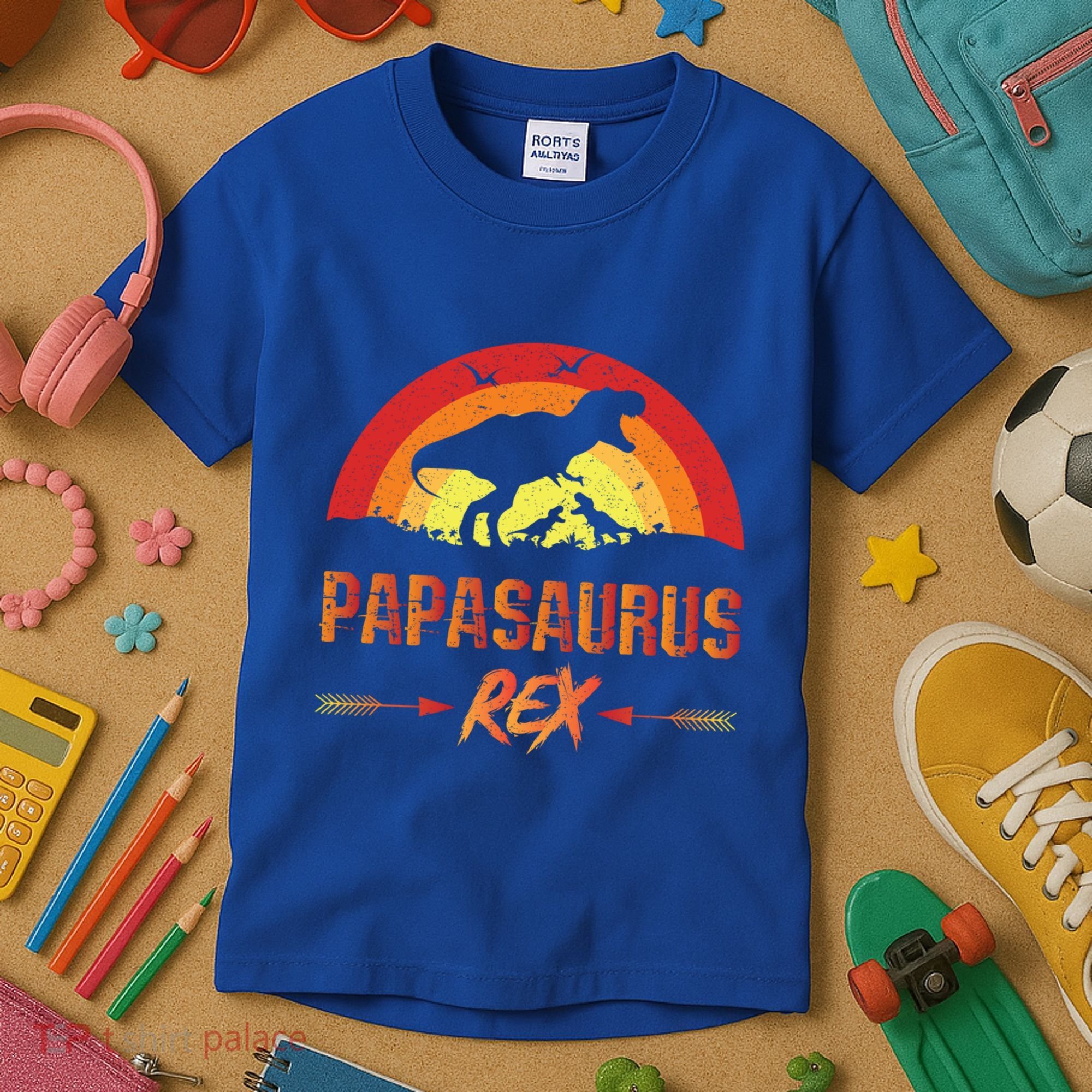 Papasaurus Rex 2 Sunset For Fathers Day Daddysaurus Gift Kids T-Shirt