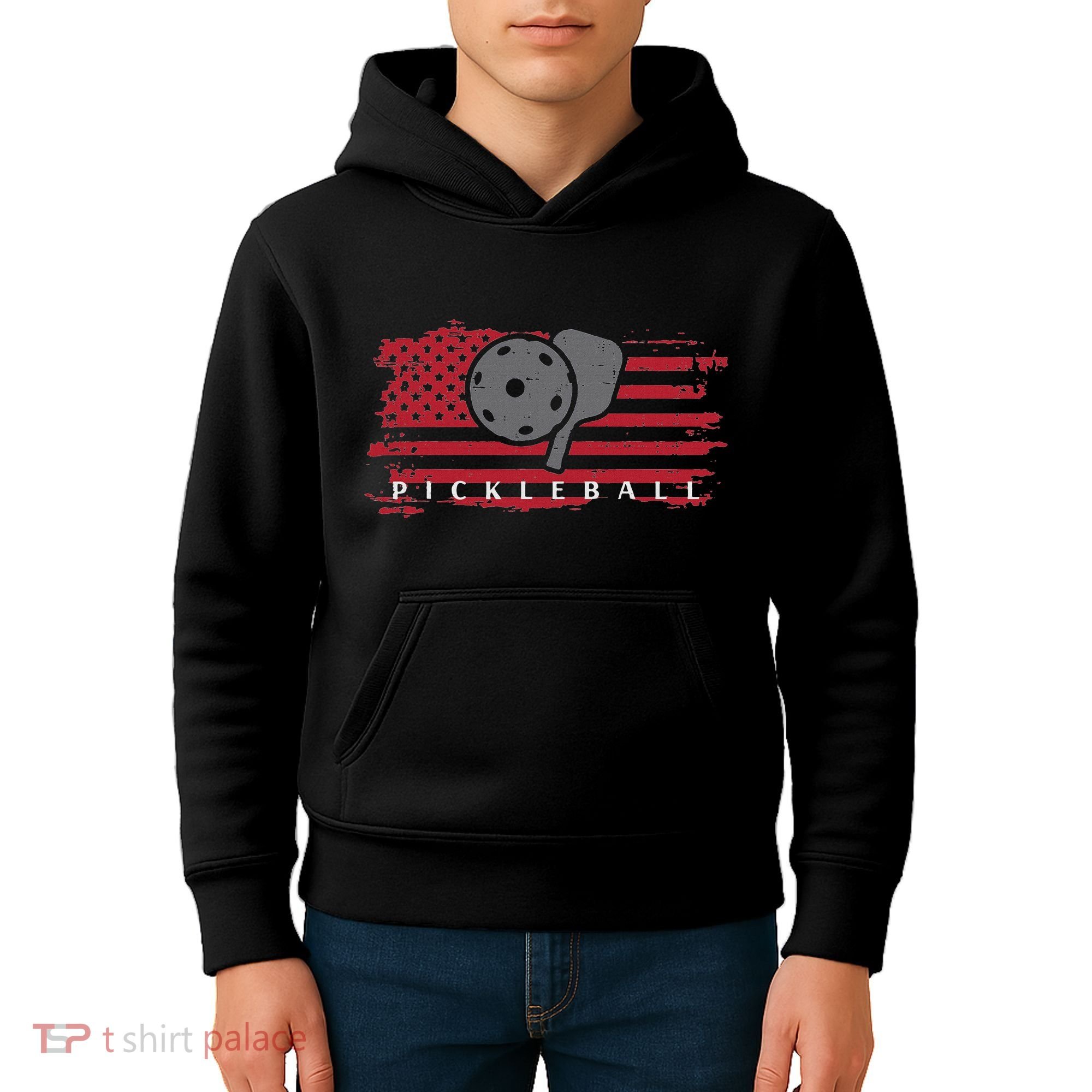 Pickleball Red American Flag Pickle Ball Kids Hoodie