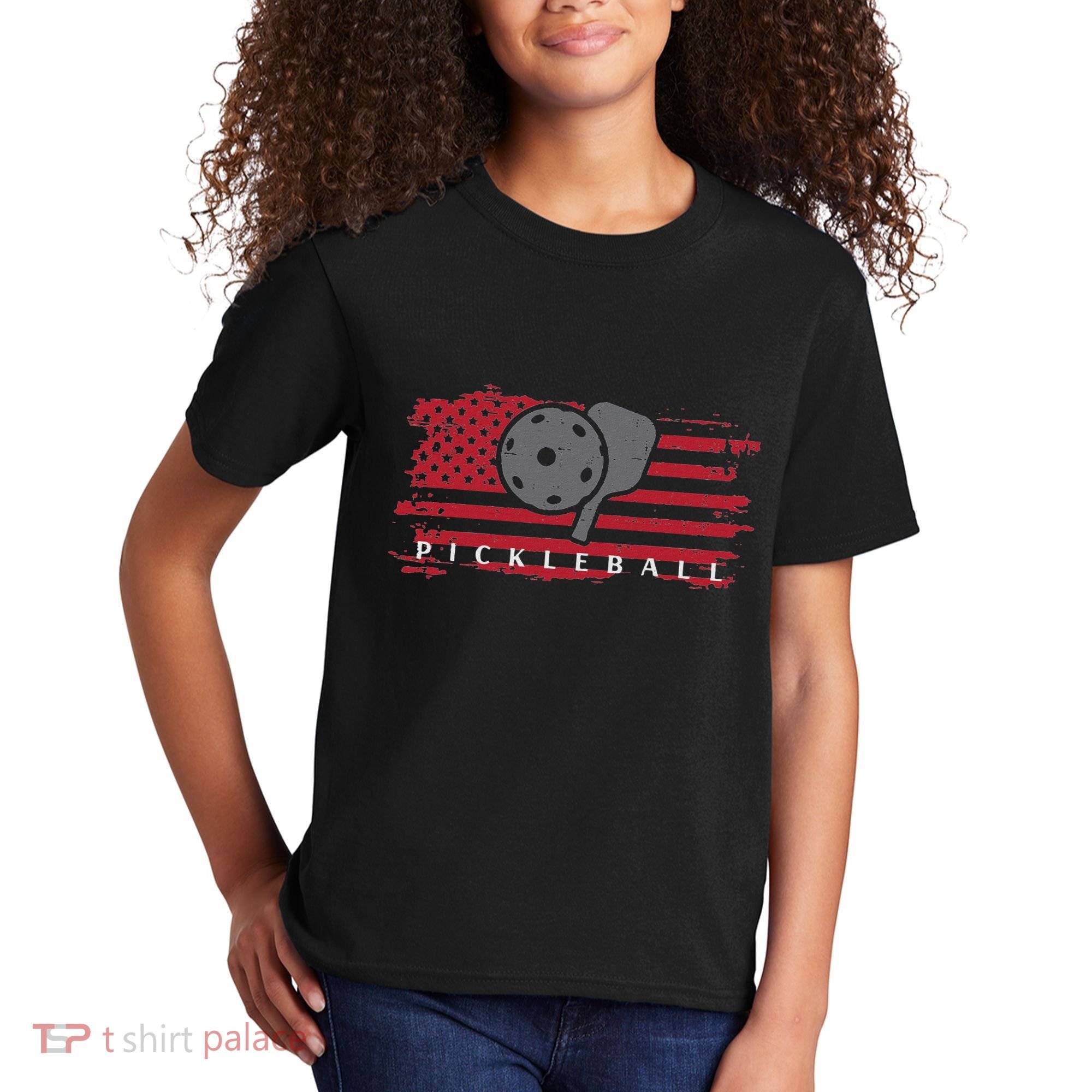 Pickleball Red American Flag Pickle Ball Kids T-Shirt
