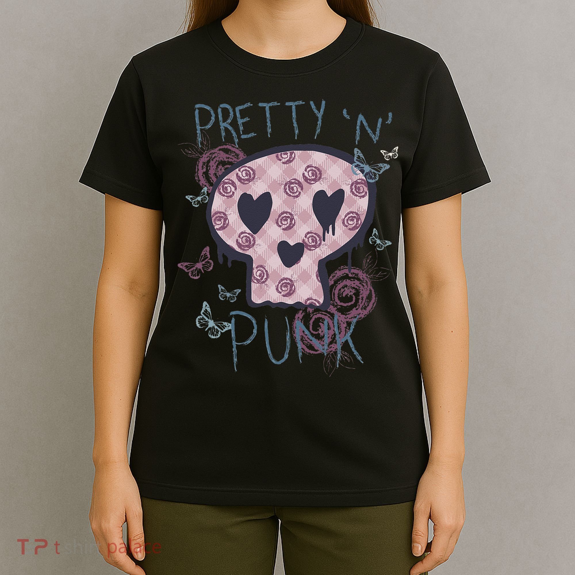 Punk Rock And Roll Music Pretty N Punk Skull Women Girl T-Shirt