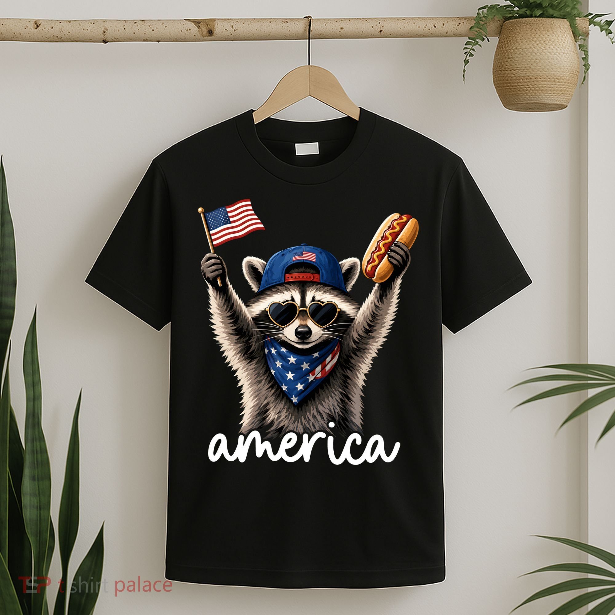 Patriotic Raccoon America Flag Hot Dog Celebration T-Shirt