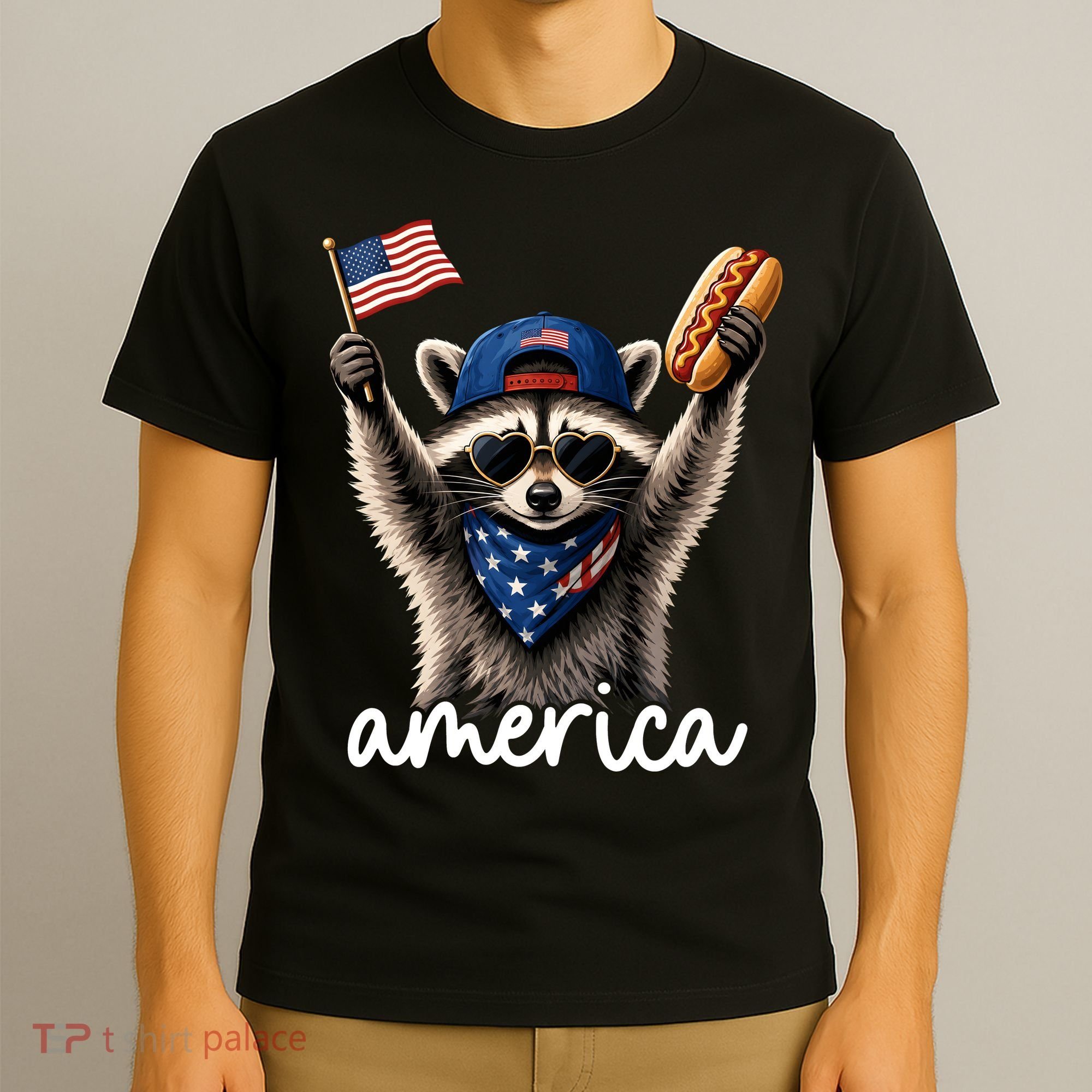 Patriotic Raccoon America Flag Hot Dog Celebration T-Shirt