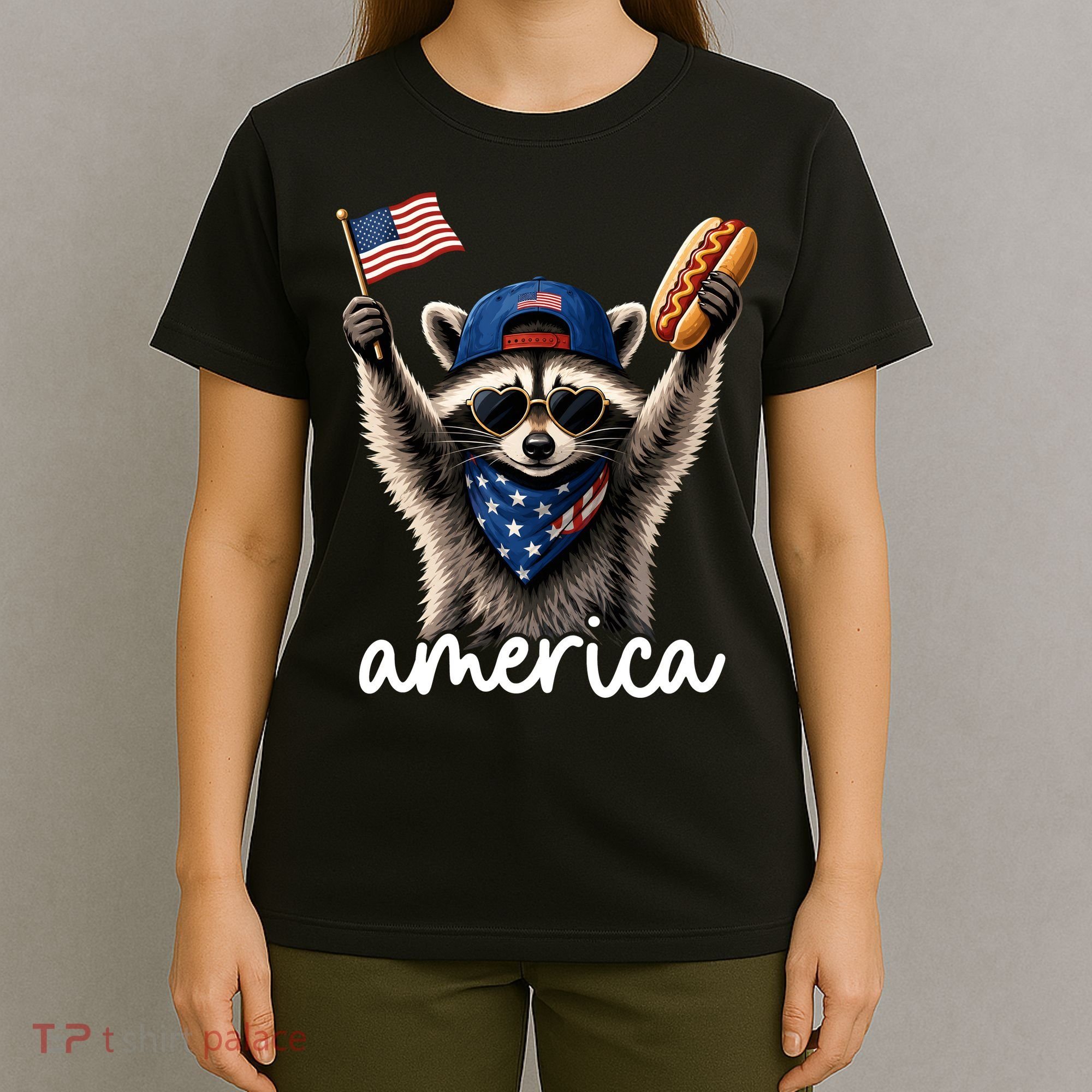 Patriotic Raccoon America Flag Hot Dog Celebration T-Shirt