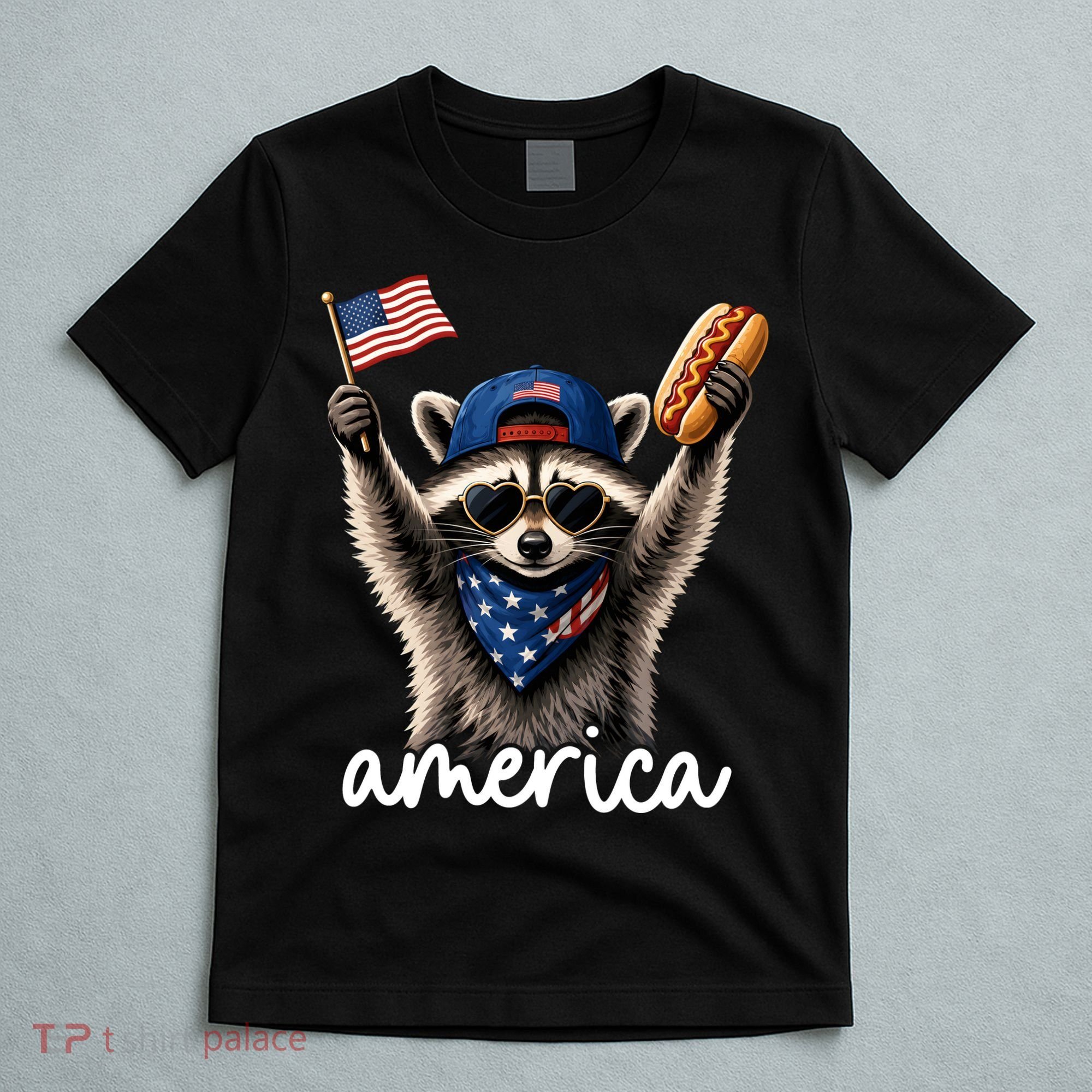 Patriotic Raccoon America Flag Hot Dog Celebration T-Shirt