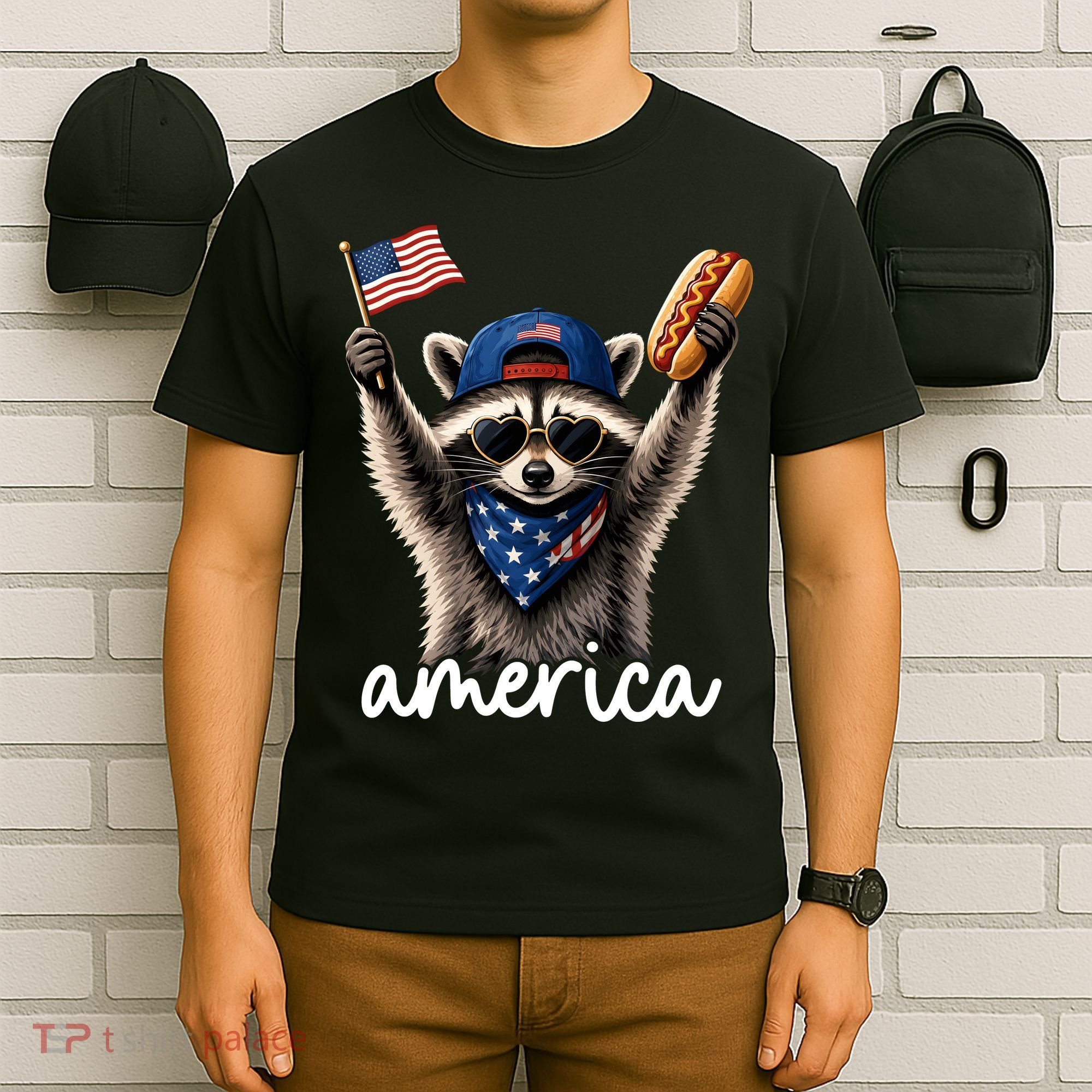 Patriotic Raccoon America Flag Hot Dog Celebration T-Shirt