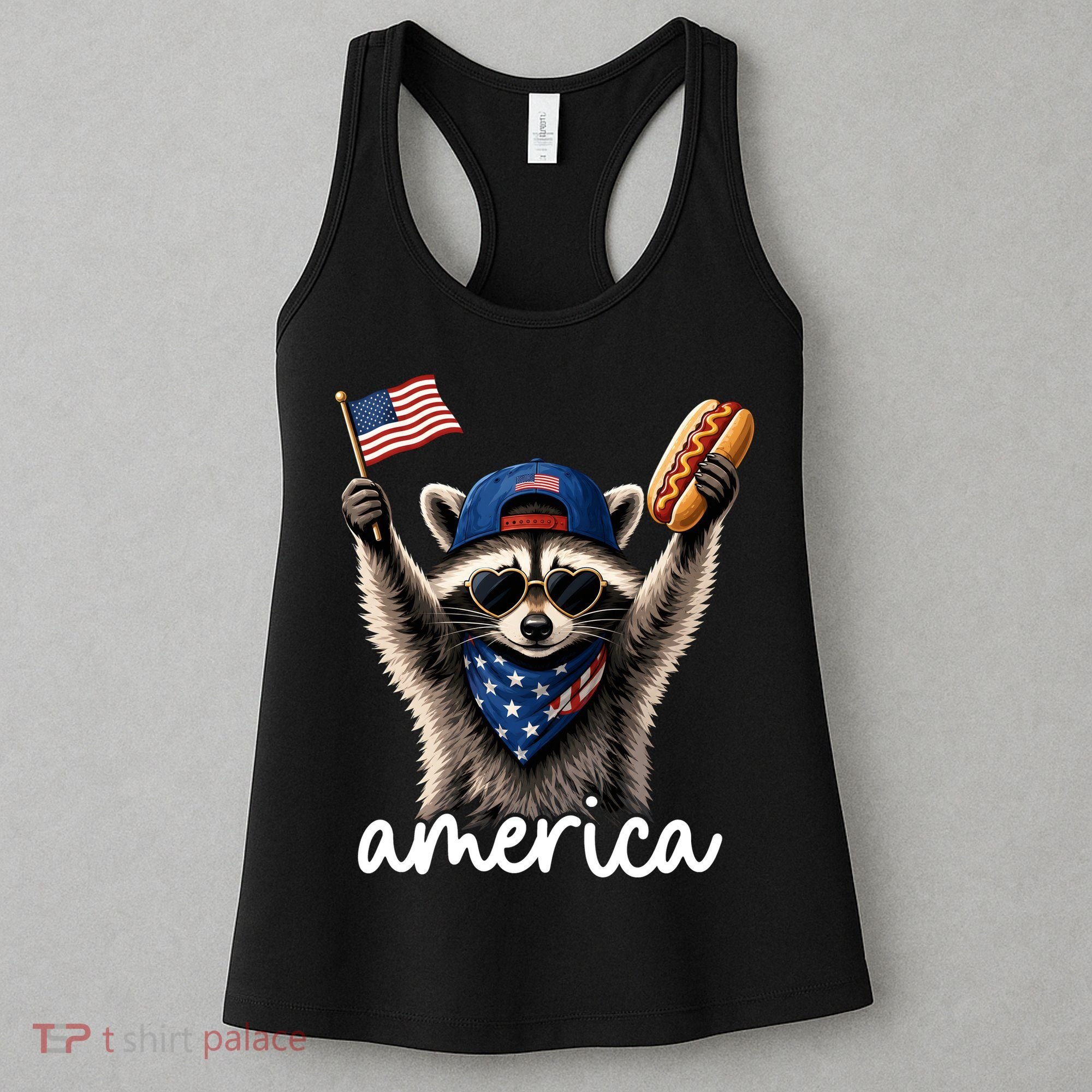 Patriotic Raccoon America Flag Hot Dog Celebration Women's Tank Top