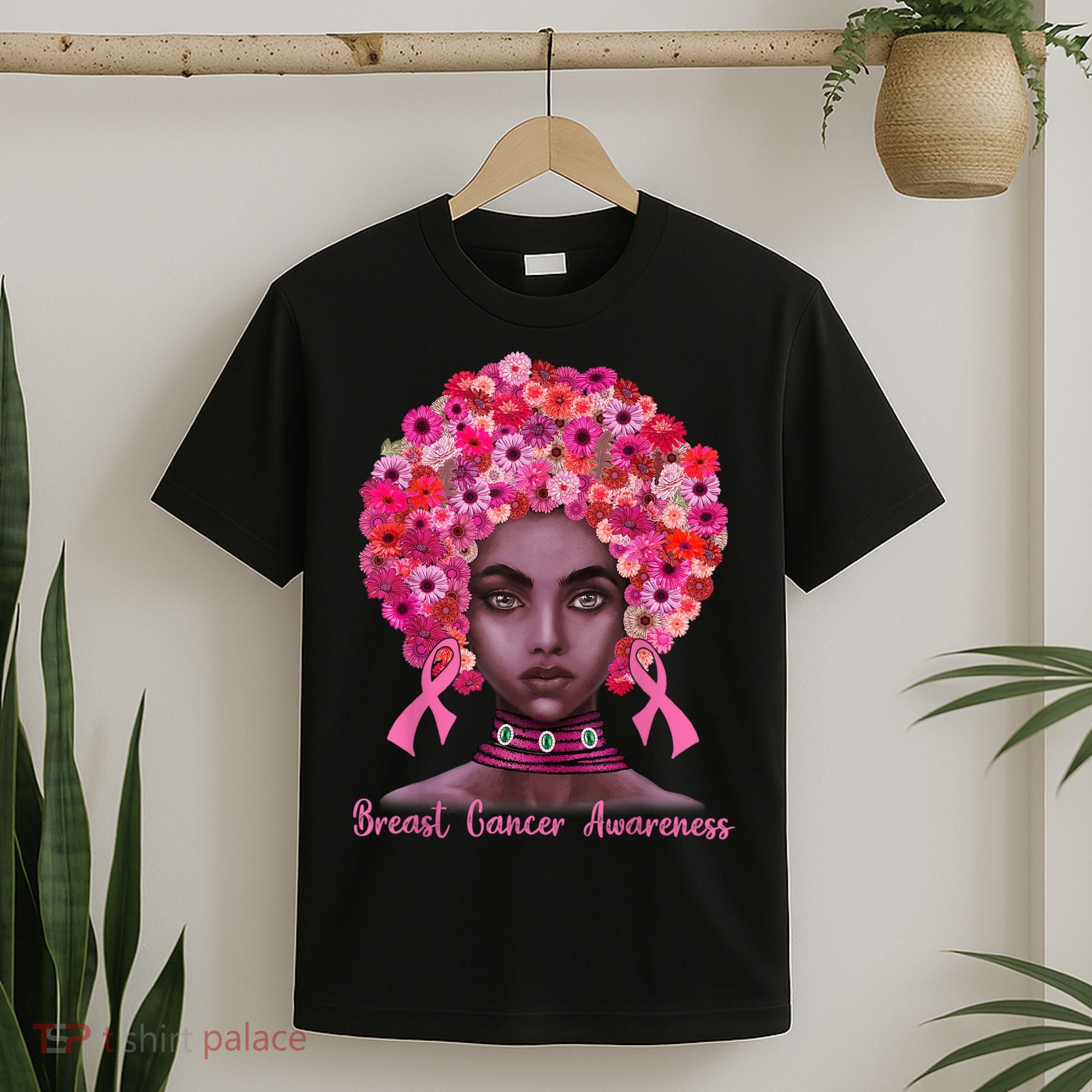 Pink Ribbon Afro Flowers Hair Black Queen Breast Cancer T-Shirt