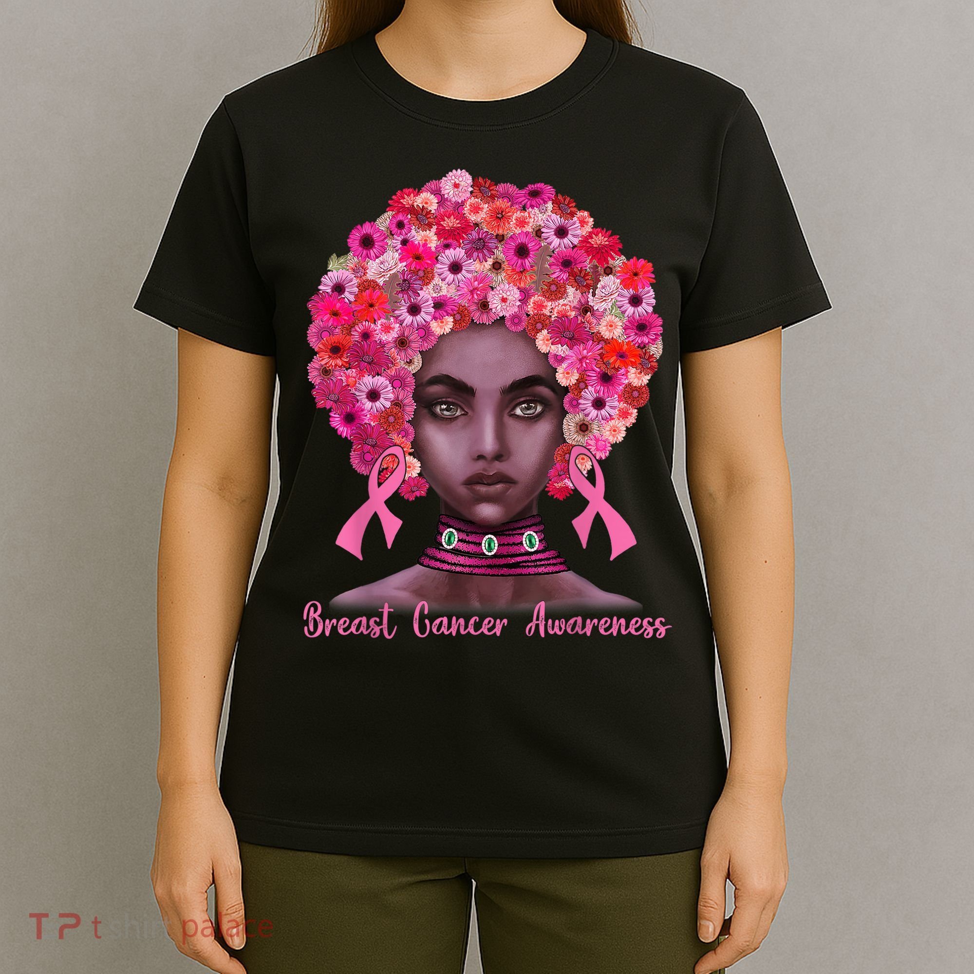Pink Ribbon Afro Flowers Hair Black Queen Breast Cancer T-Shirt