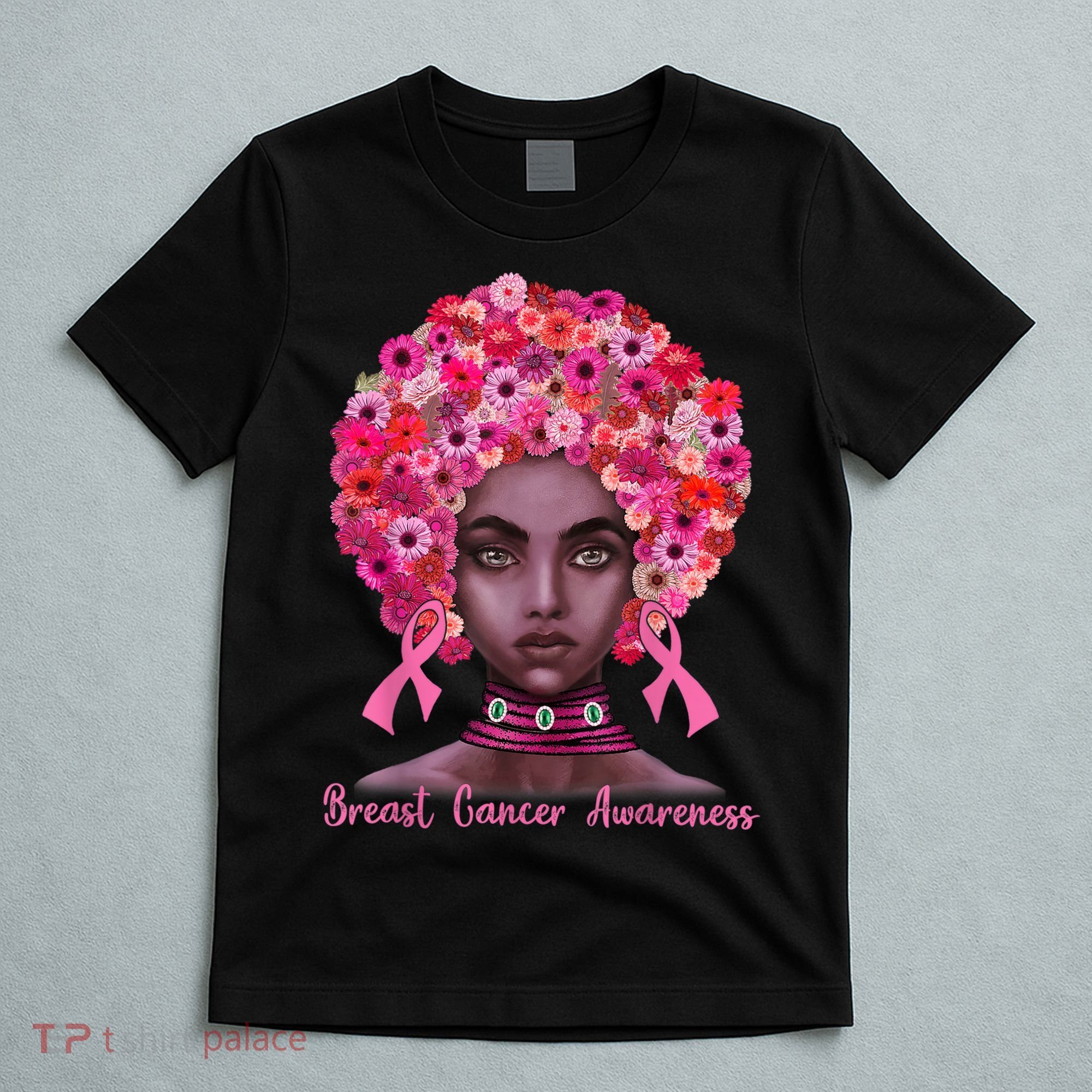 Pink Ribbon Afro Flowers Hair Black Queen Breast Cancer T-Shirt