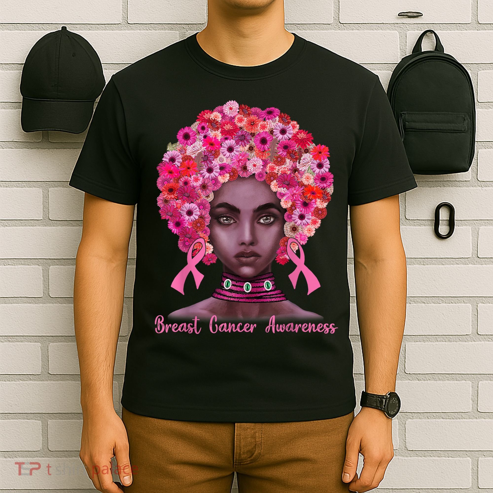 Pink Ribbon Afro Flowers Hair Black Queen Breast Cancer T-Shirt