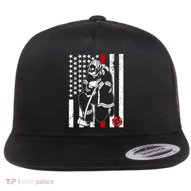 Praying Firefighter Thin Red Line Flat Bill Trucker Hat