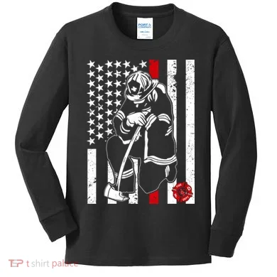 Praying Firefighter Thin Red Line Kids Long Sleeve Shirt