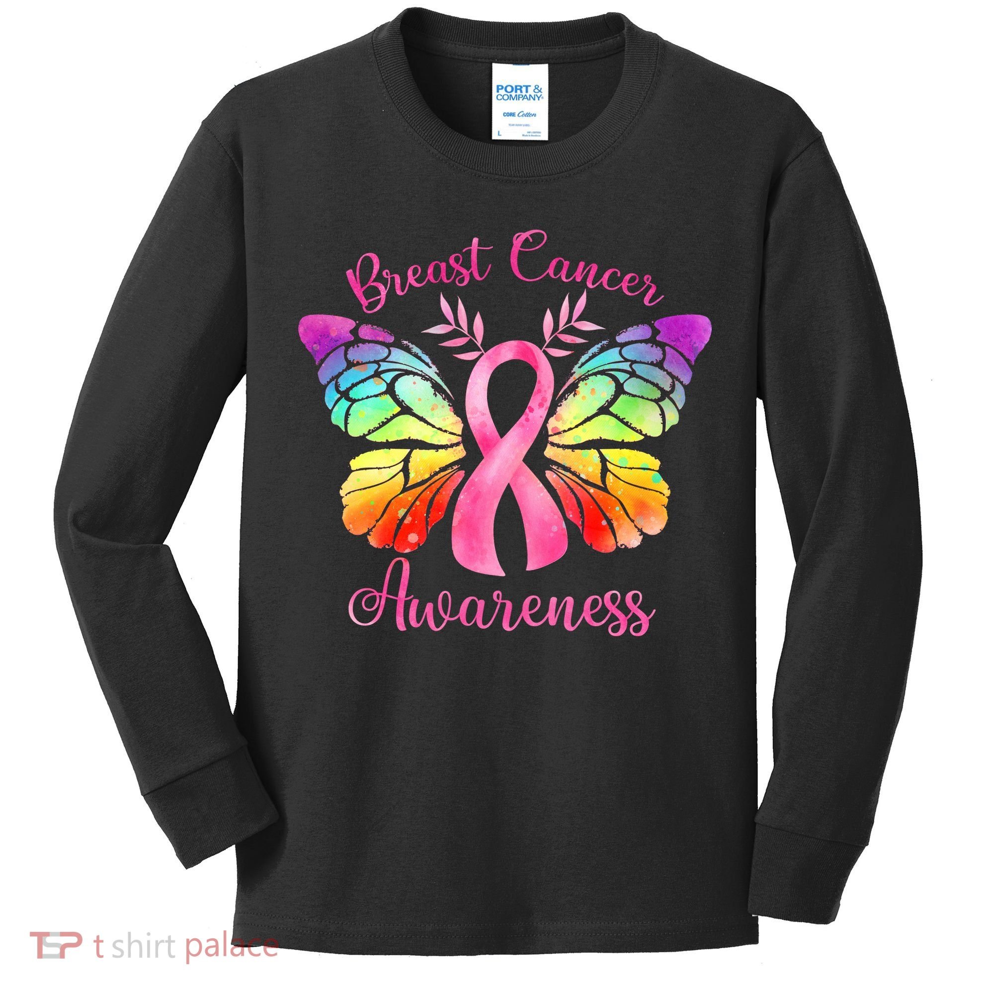 Pink Ribbon Butterfly Breast Cancer Kids Long Sleeve Shirt