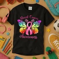 Pink Ribbon Butterfly Breast Cancer Kids T-Shirt thumb 3