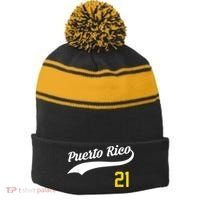 Puerto Rico Baseball 21 For Santurce Baseball Fans Stripe Pom Pom Beanie thumb 0