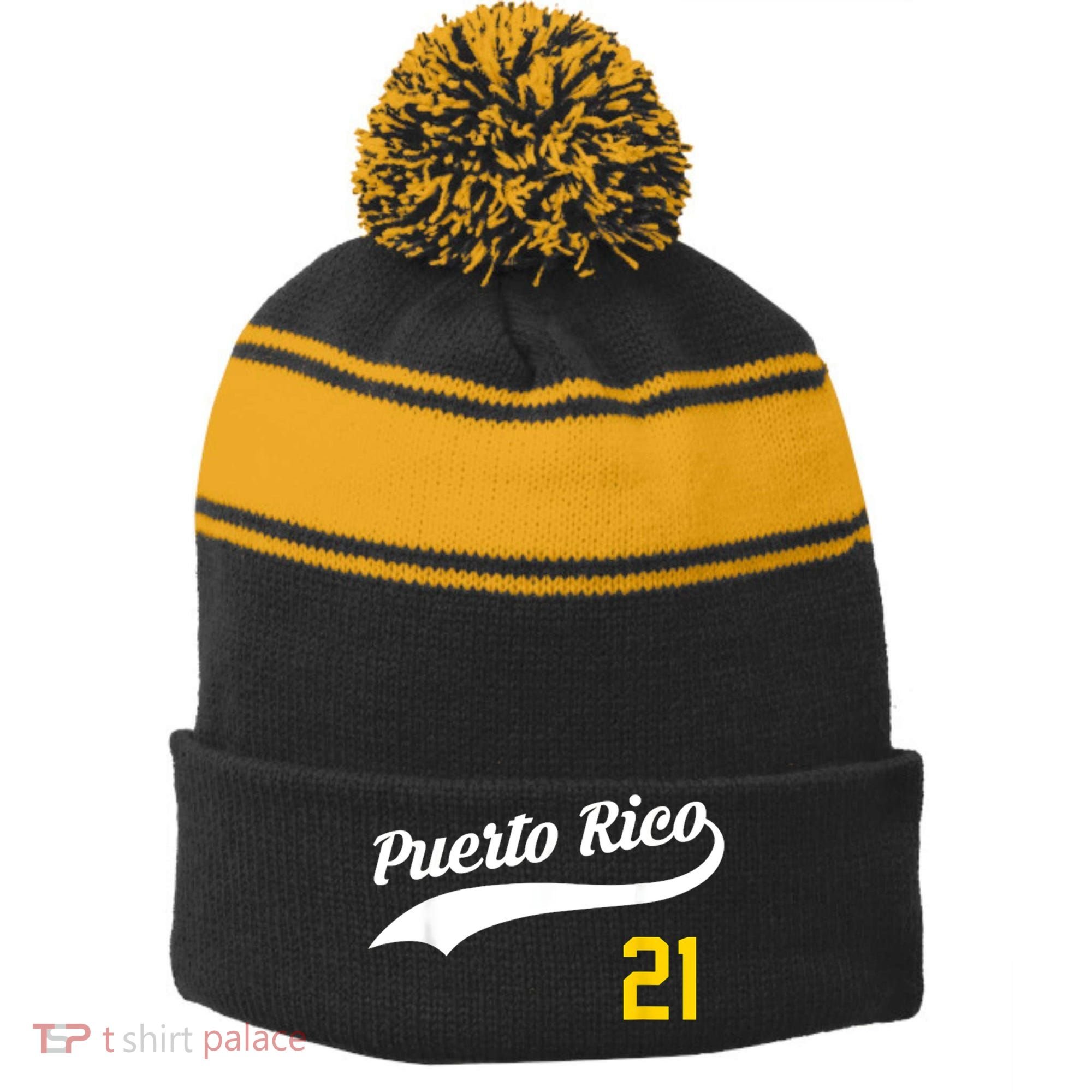 Puerto Rico Baseball 21 For Santurce Baseball Fans Stripe Pom Pom Beanie