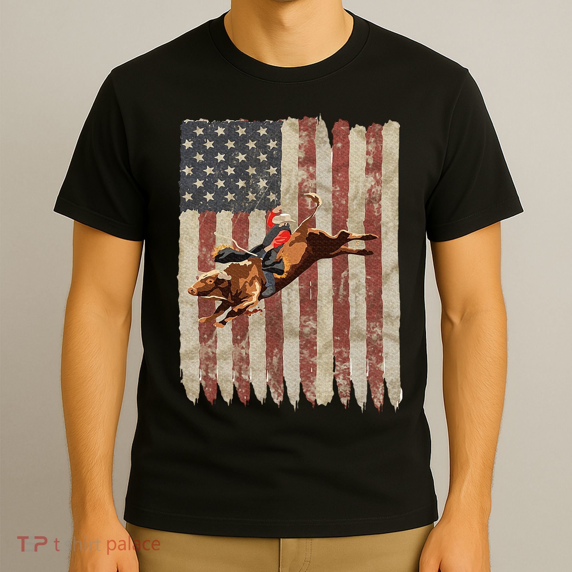 Patriotic Rodeo Bull Rider American Flag Western Cowboys T-Shirt